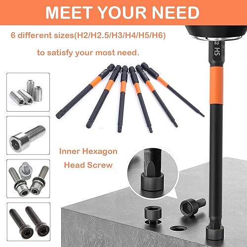 Miniatura 5 de JONMON Juego de brocas de destornillador Allen hexagonales magnéticas, brocas de impacto de acero S2 de cambio rápido H2-H6, vástago de 1/4 de