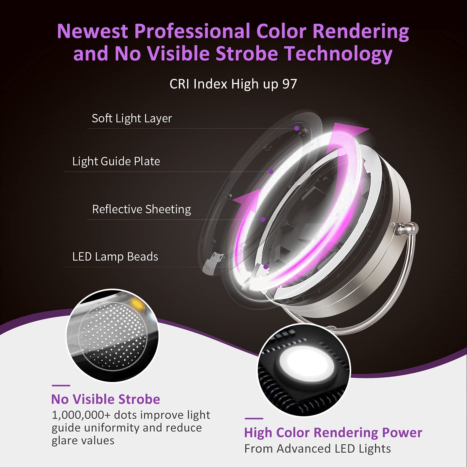 MIRRORMORE 8.5" Large Lighted Makeup Vanity Mirror, 1X/10X Magnifying Rotation Mirror with 3 Color Lighting, (0-1100Lux) Dimmable 32 LEDs Bulbs, Senior Pearl Nickel, High Definition Cord or Cordless : Beauty & Personal Care