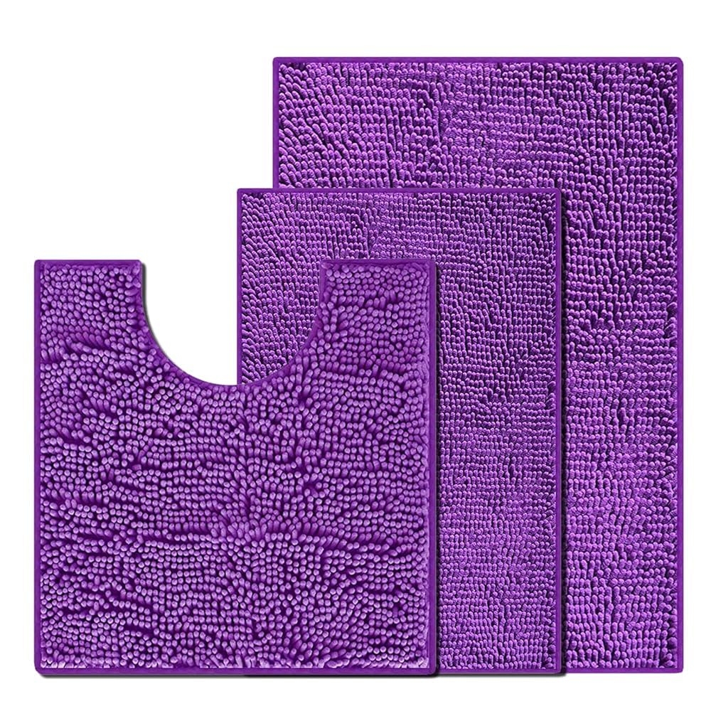 placeroom Bathroom Mat Set of 3, Bath and Toilet Mat Set,Ultra Soft Chenille Bath Mat Non Slip,Bath Mat Sets 3 Piece Washable,Super-Absorbent Bath(Deep Purple bath set) — image 1