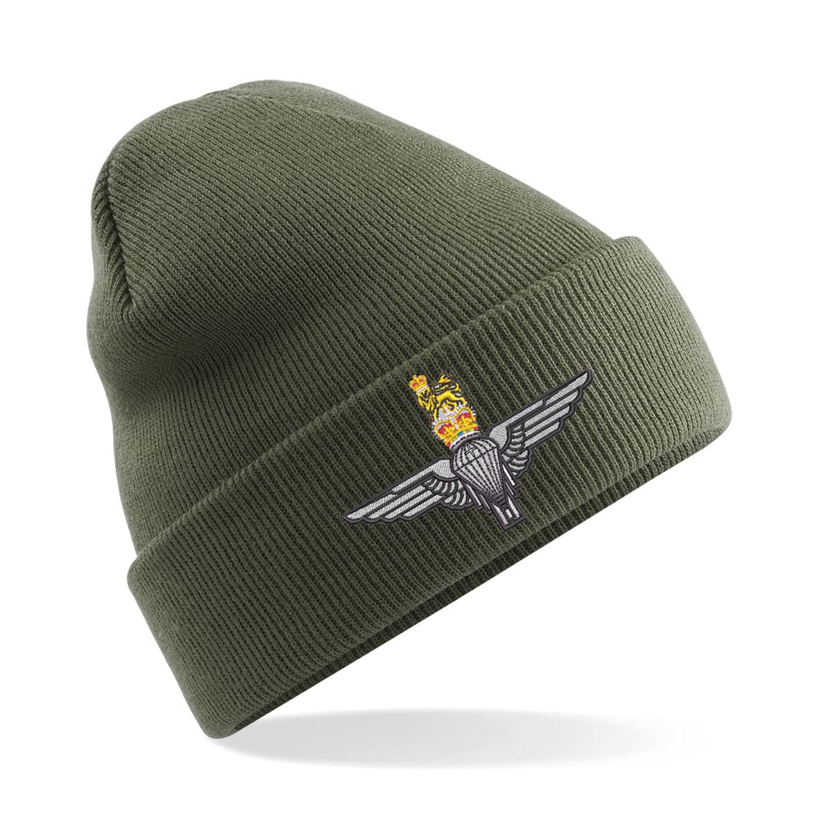 HiViz Kings Parachute Regiment Paratrooper Paras Badge Men's Beanie Hat Stay Warm and Cozy Embroidery British Army Insignia MOD (Acrylic, Military Green)