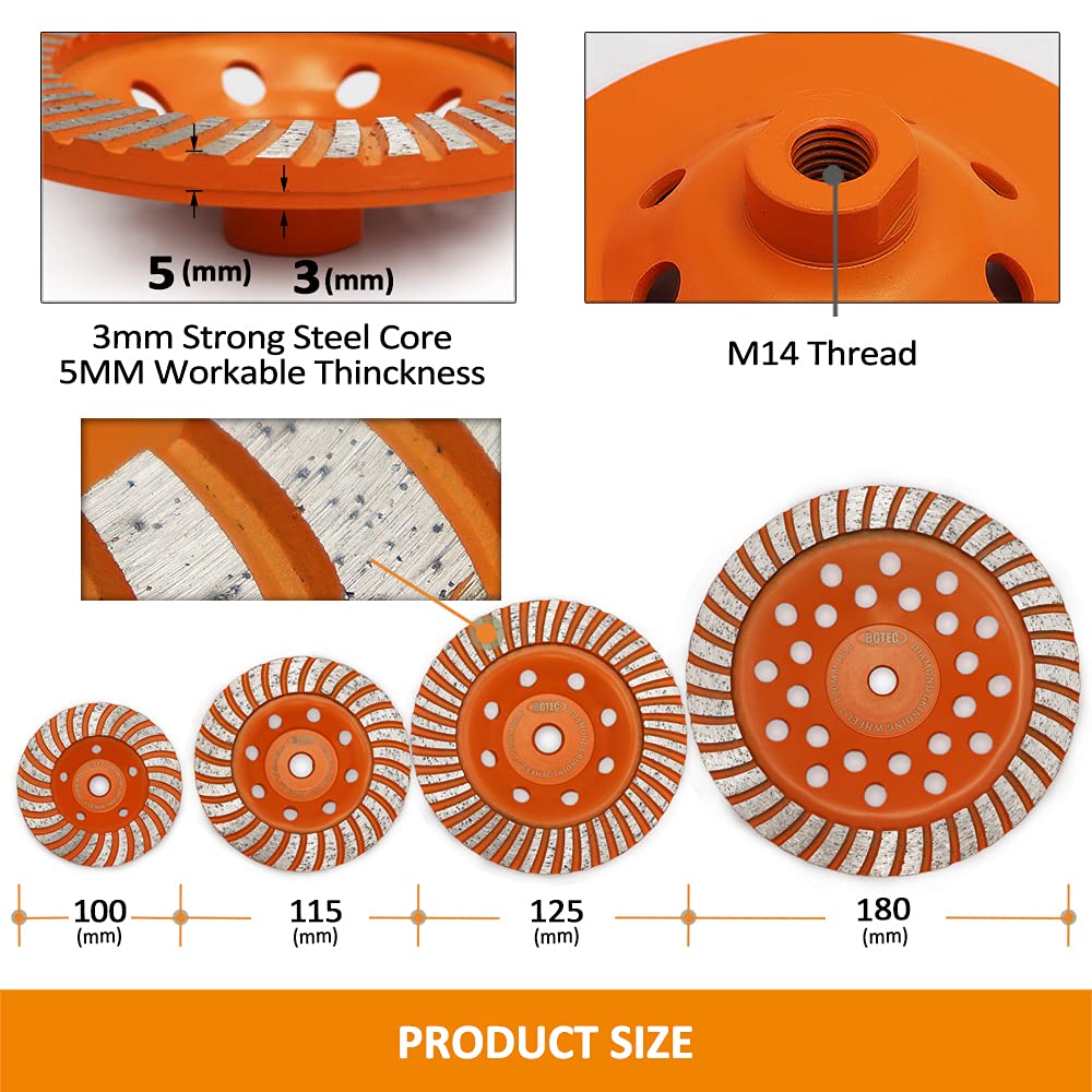 Mola diamantata per superficie a tazza, BGTEC 2 pezzi Disco per smerigliatrice diamantata in cemento Turbo Row da 125 mm con filettatura M14 per smerigliatrice angolare, cemento granito pietra marmo