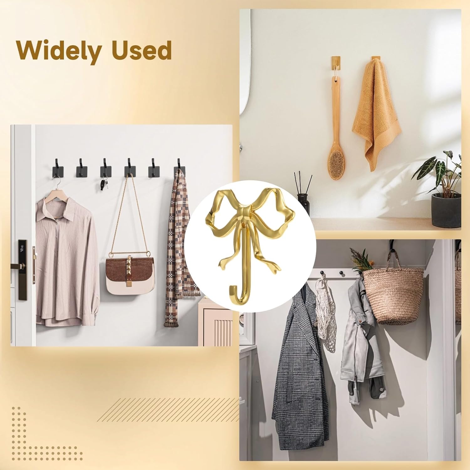 4 PCS Gold Bow Hooks for Wall - Bowknot Wall Hooks, Elegant Golden Bow Wall Hanger, Home Decorative Hook, Wall Mounted Metal Hook for Coat Hat Towel, Multipurpose Hook for Entryway Bedroom Bathroom