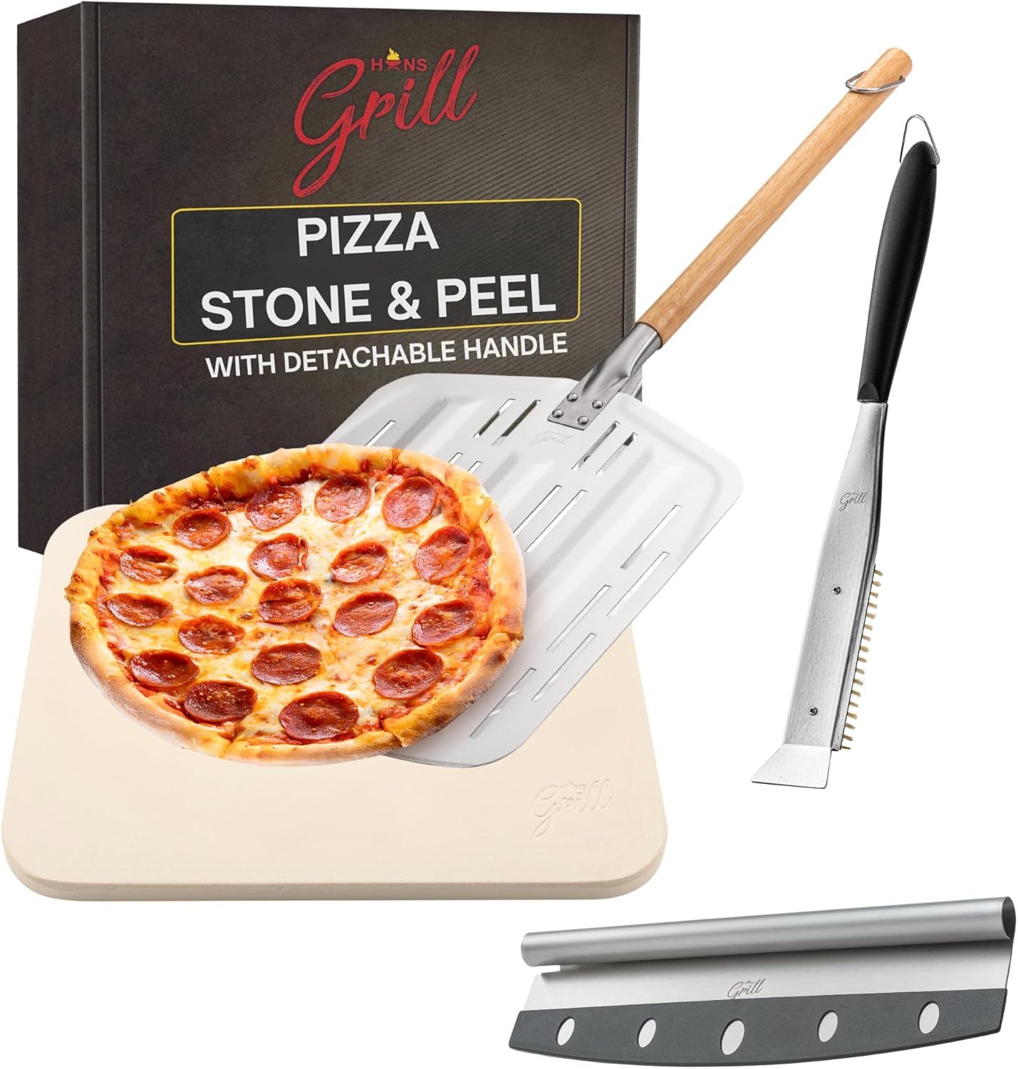 Hans Grill Pizza Stone PRO XL Baking Stone & Cleaning Brush and Scraper & Pizza Cutter Rocker Blade