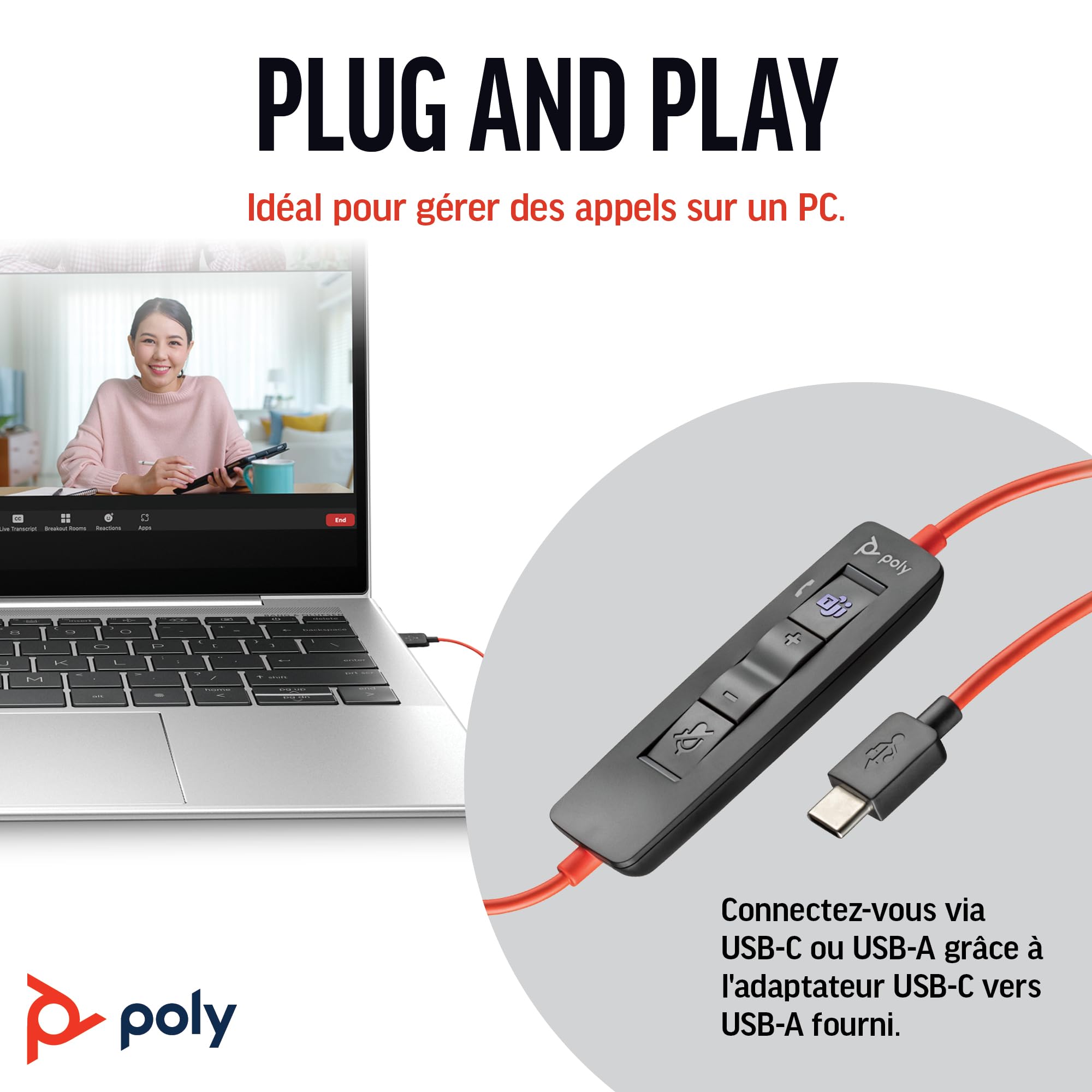 Micro-casque filaire Poly Blackwire 3320 – Perche de microphone flexible – Stéréo hi-fi - Connexion à un PC/Mac via USB-C ou USB-A - Certifié pour Microsoft Teams