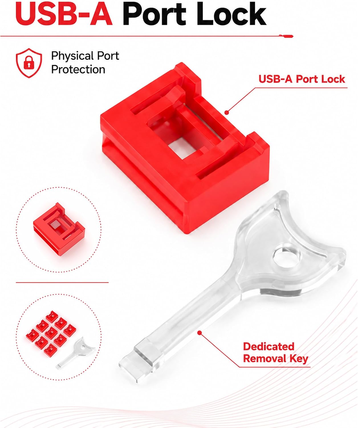 12-Pack USB-A Port Locks with 1 Key,Laptop Security Locks for Physical Security and Malware Protection, Removable USB-A Port Locks for PC Laptops, Protecting Data and Information Security (Red)