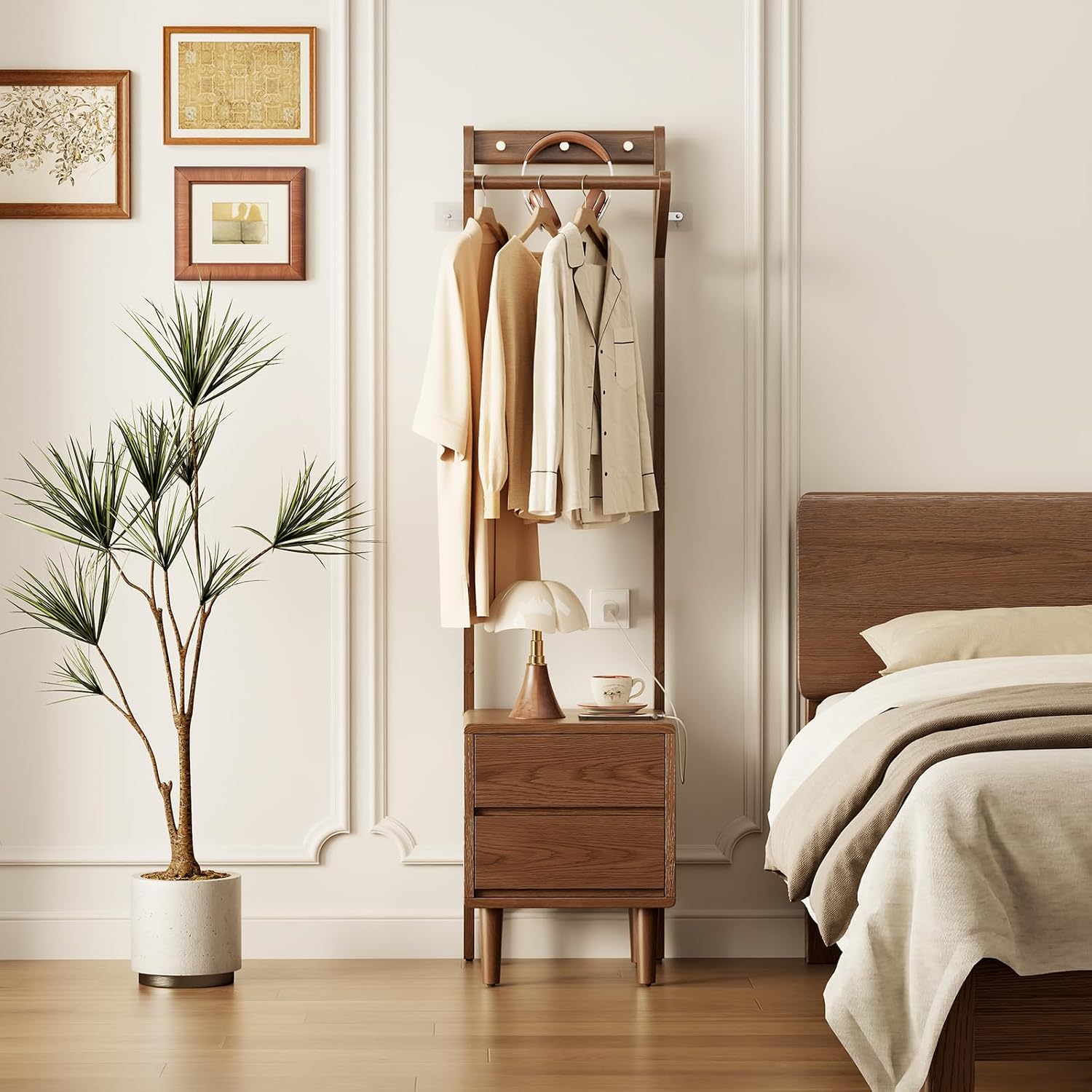 Solid Wood Coat Rack Freestanding,Standing Coat Rack with 2 drawers,Clothing Racks for Hanging Clothes,Narrow Hall Tree with Storage,Walnut Nightstand with 6 Coat Hooks for Bedroom Entryway Corner