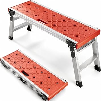 KINGRACK Folding 2 Step Stool, Lightweight Aluminium Work Platform | with Anti-Slip Feet & Safety Lock, 330lbs Capacity, Stable Stool for Home Garage Car Wash Kitchen, Matte Red