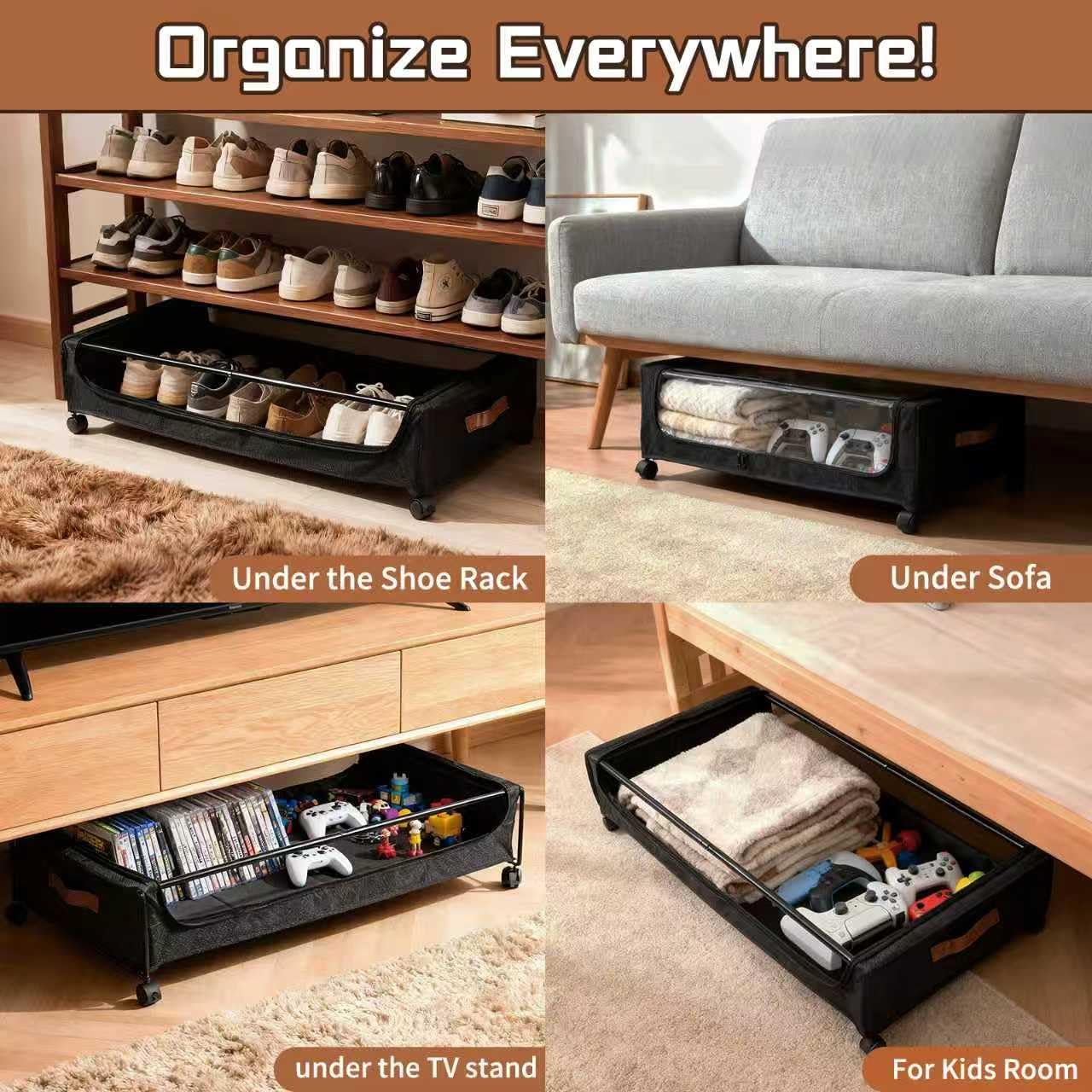 Under Bed Storage with Wheels, 35L Large Capacity Underbed Storage Container with Clear Lid & Label, Rolling Metal Drawer for Clothes, Shoes, Toys, Books, Blankets, Black