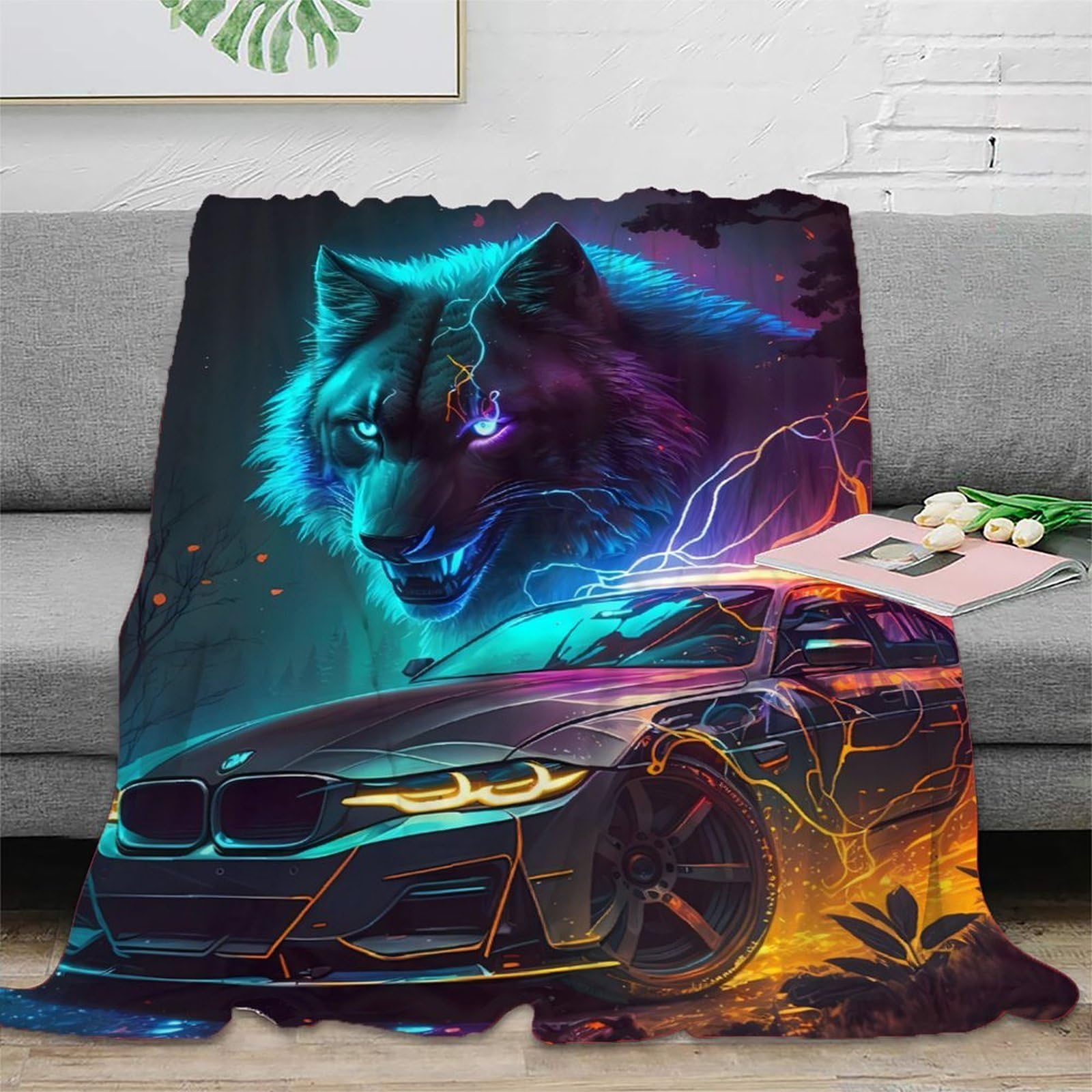 Couverture loup 3D microfibre anti-froid pour canapé et soirées fraîches