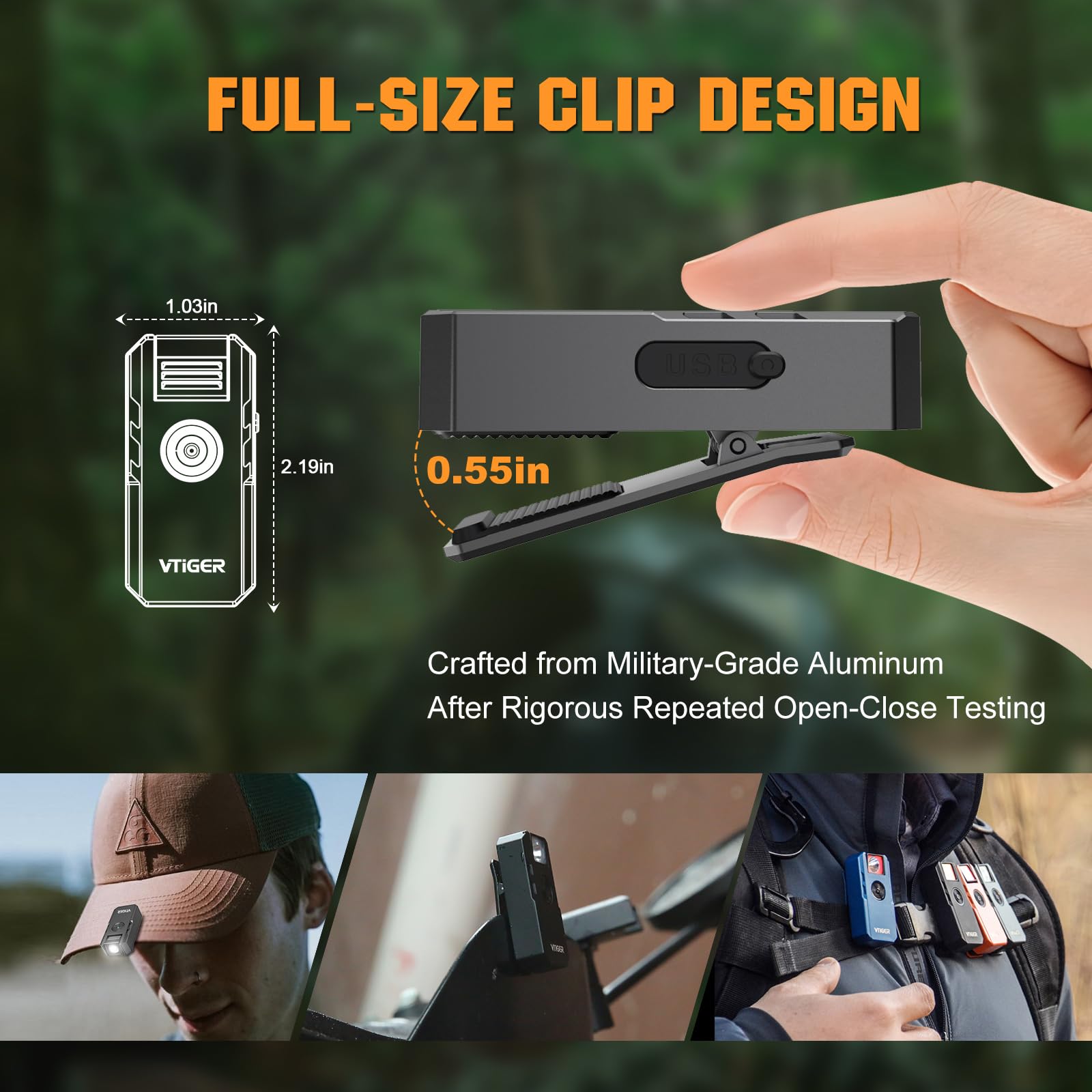 VTIGER Lampe torche EDC rechargeable C1 à clipser, 1300 lumens, puissante et portable, mini lampe à clip pivotant, multi-mode, étanche IPX6, petite lampe de poche magnétique pour cyclisme, travail