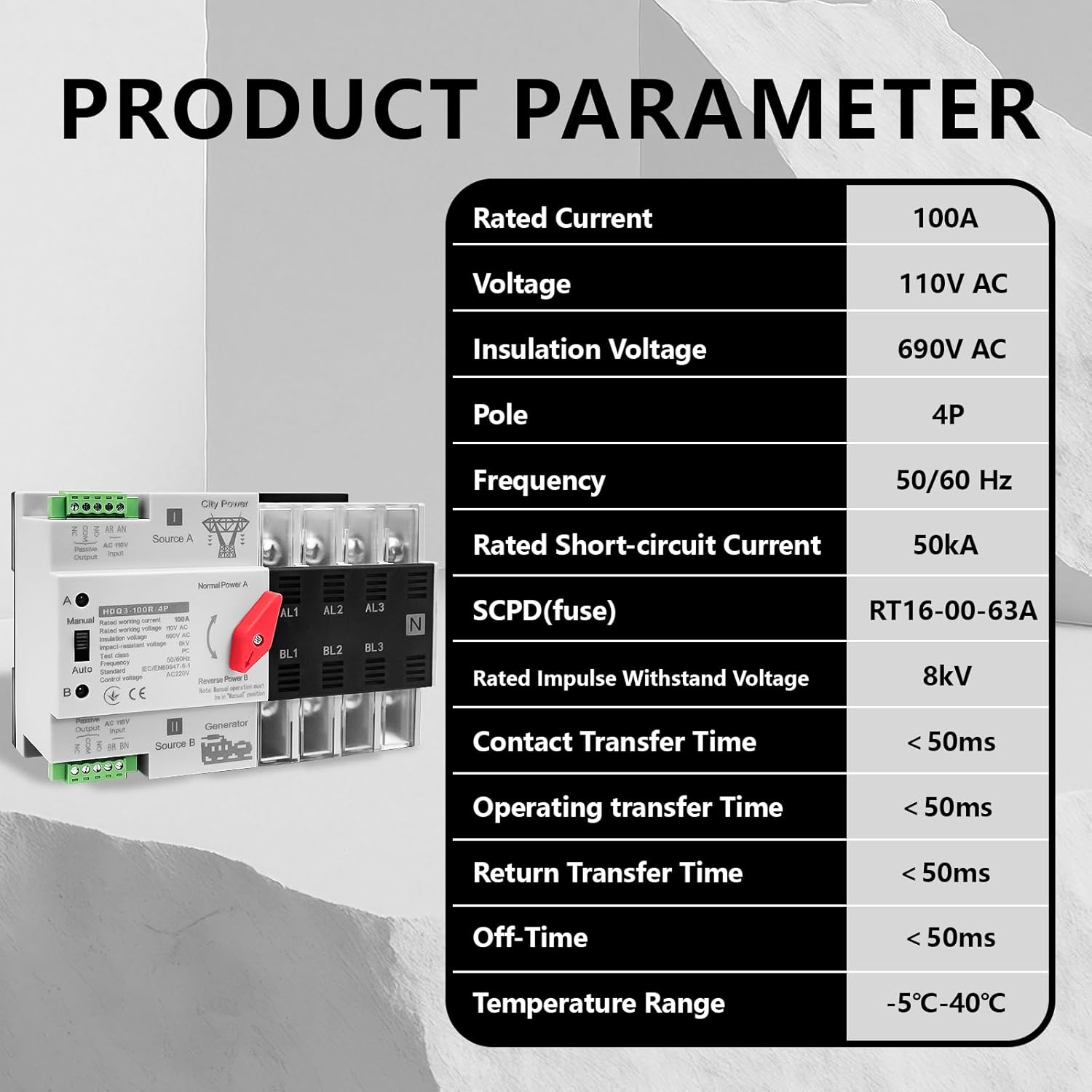 Mini ATS Automatic/Manual Transfer Switch 4P 100A AC110V W2R 50/60Hz,Auto Dual Power Switch for Home Generator,with Din Rail