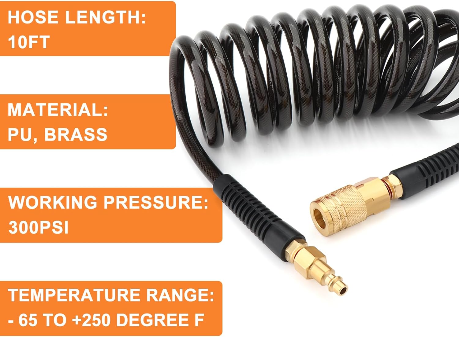GASHER 1/4" x 10FT Black Reinforced Polyurethane Recoil Air Hose with Bend Restrictor, 1/4" Industrial Quick Coupler and Plug