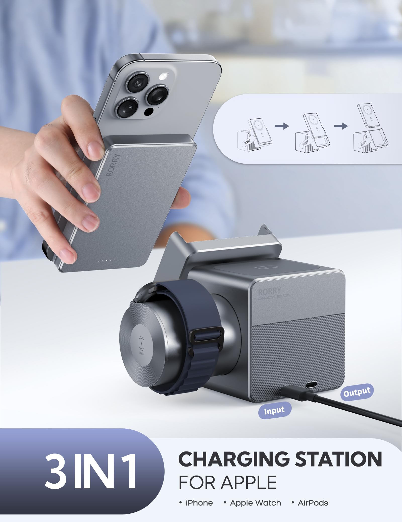 RORRY 3 in 1 Charging Station, for Magsafe Wireless Charger Stand with 5000mAh Power Bank for iPhone 17/16/15/14/13/12, for Apple Watch Ultra/11/10/9/8/7/6/5/4/SE, for AirPods, Metallic Grey - 3