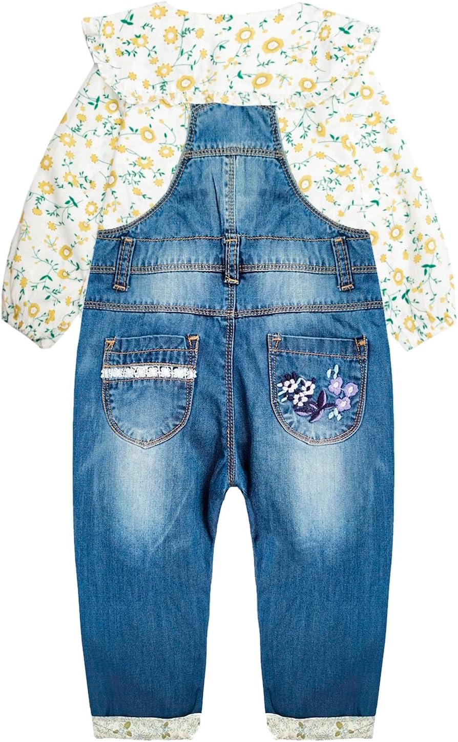 Little Girls Floral Printed Shirt Denim Overalls Pants Set