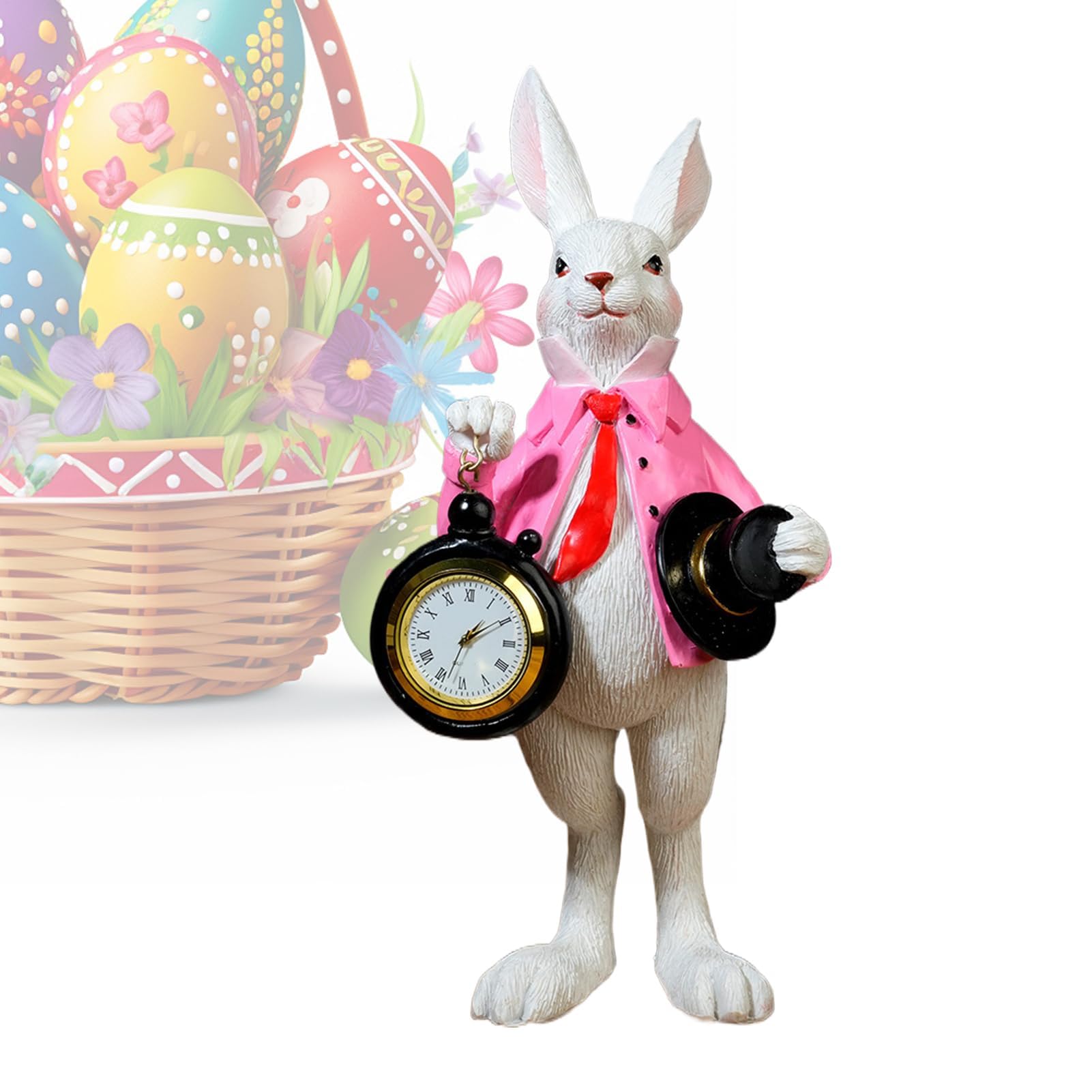 Orologio decorativo con statuetta di coniglietto, ornamento per cappello a cilindro, simpatico accento pasquale | Piccola scultura da collezione per le vacanze, per camera da letto, ufficio, fattoria,