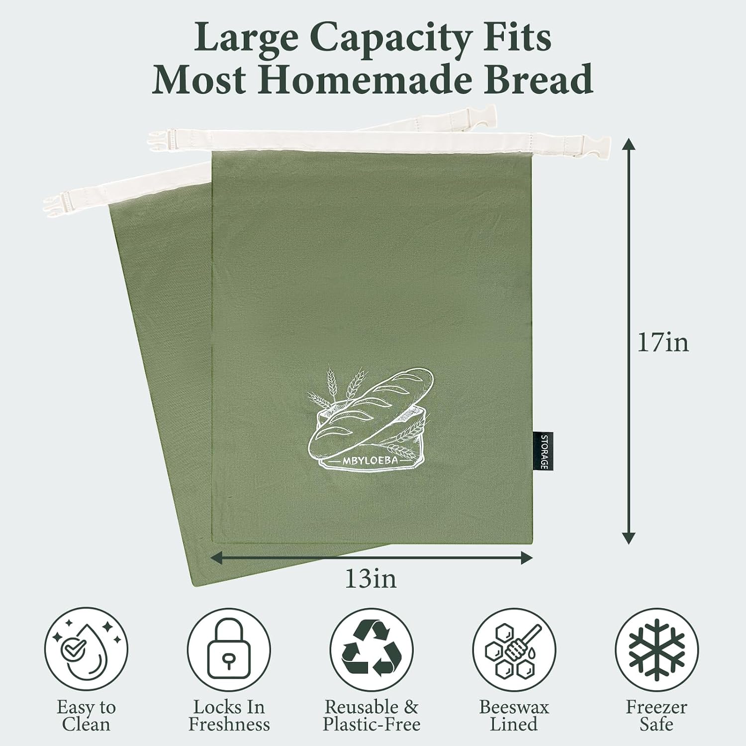 Sourdough Bread Bags for Homemade Bread - 2-Pack Identical Canvas Bags with 2 Different Liners, 1 Detachable Beeswax and 1 Attached TPU Freezer Bag - Sage Green Sourdough Storage