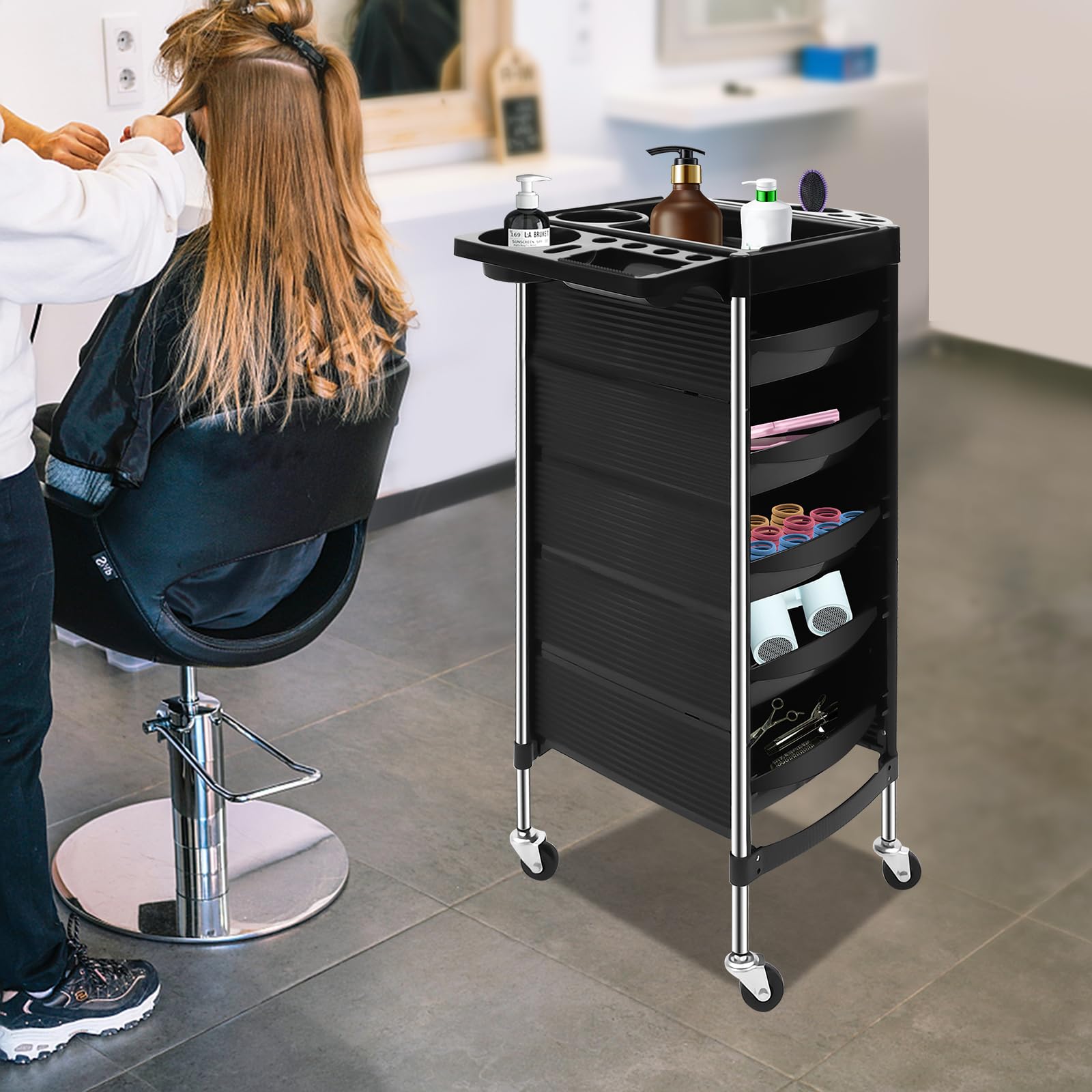 Carrello da parrucchiere con 5 cassetti scorrevoli a due vie, carrello da lavoro, carrello da salone, beauty salon, trolley, parrucchiere, carrello per saloni di bellezza, parrucchieri