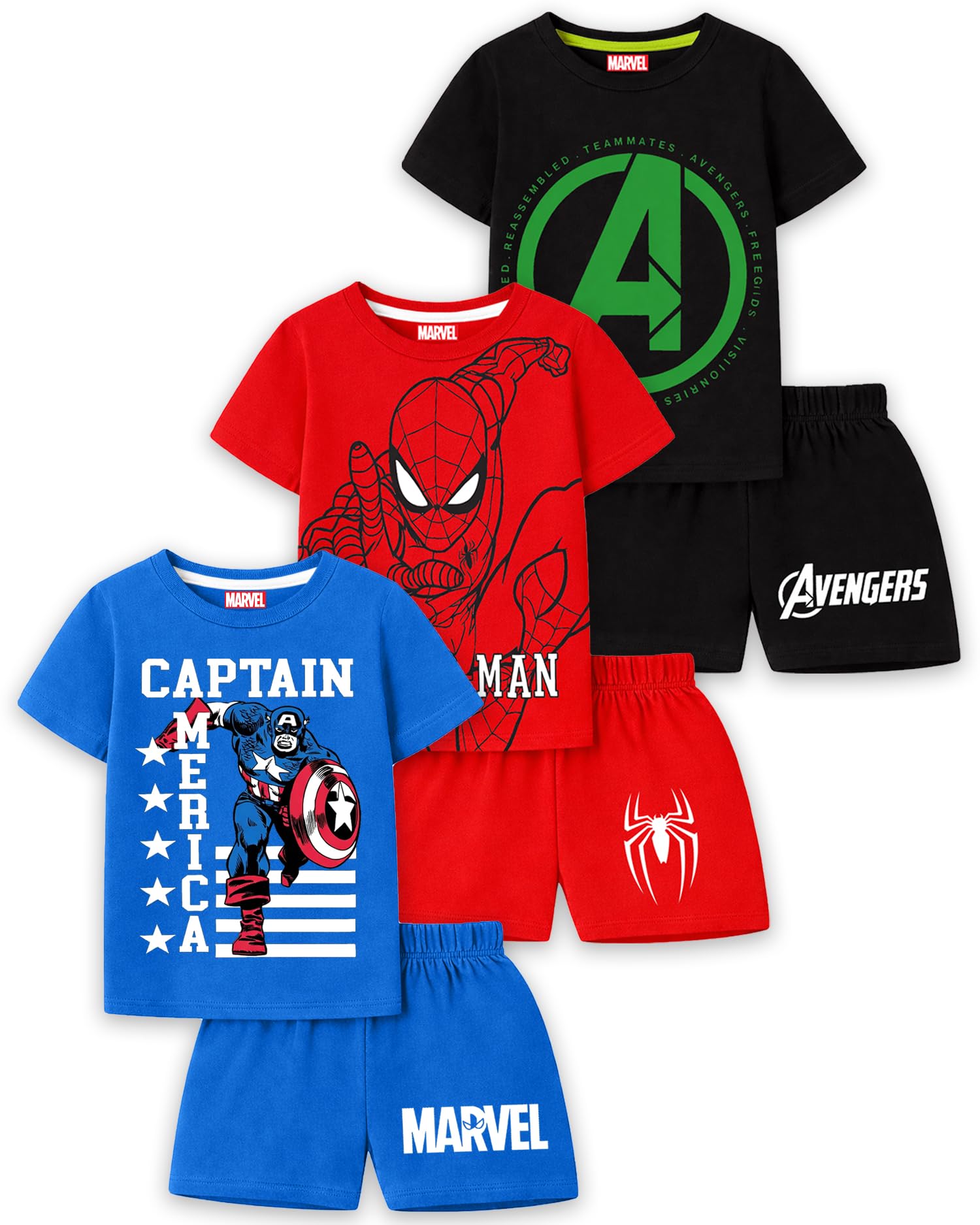 Kuchipoo © Marvel Boys Superhero Printed T-Shirt & Shorts Set | Avengers, Spiderman & Captain America Back Print | Cotton Summer Co-Ord Set | Pack of 3