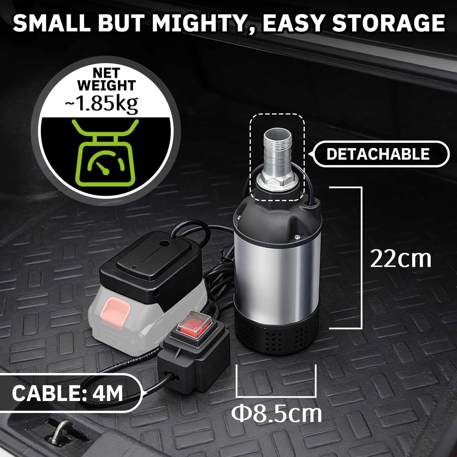 Bomba de Agua Sumergible 21V, Compatible con Makita 18V, Caudal 4800L/H, Elevación 5-8m