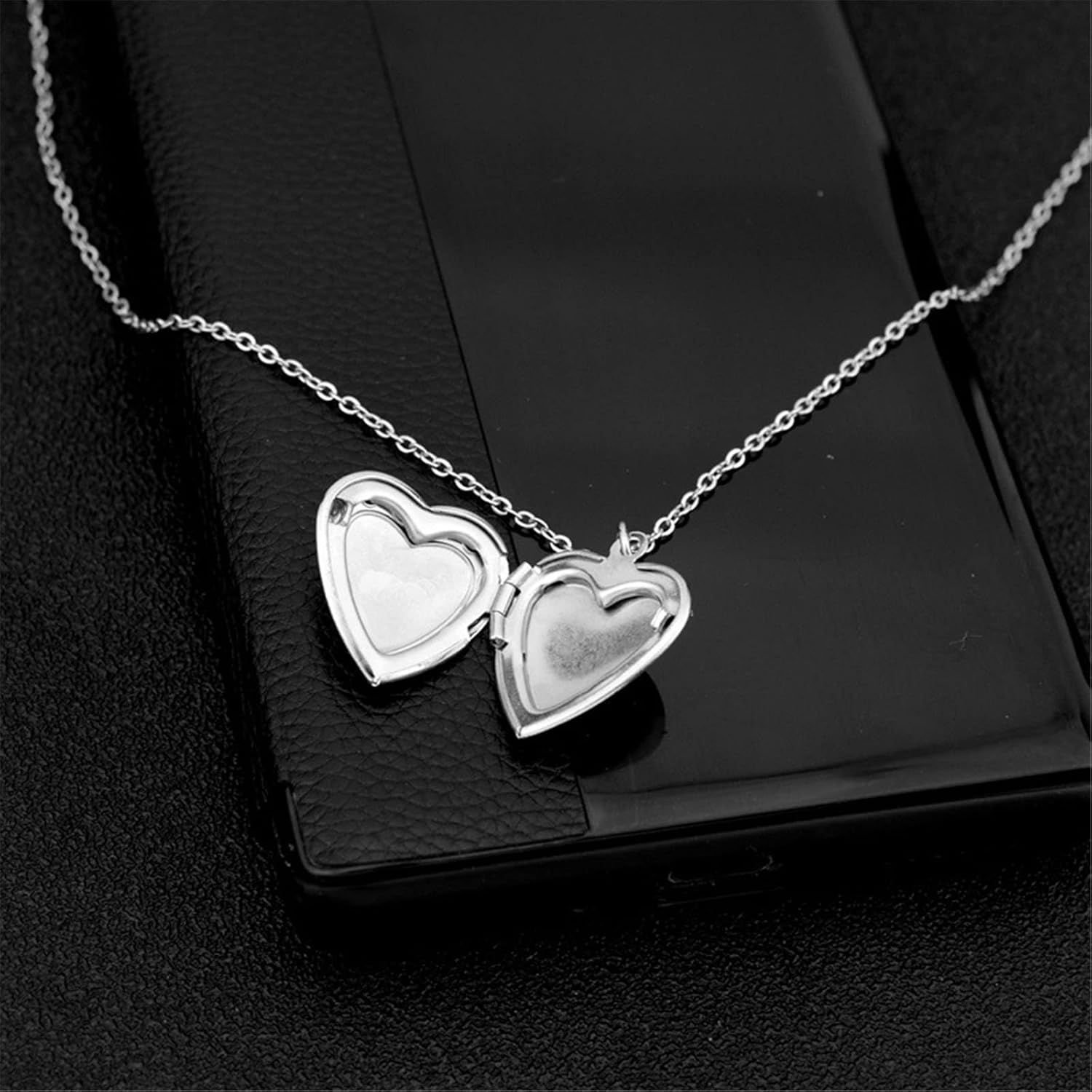 Caiyao Engraved Love Heart Holds Pictures Photo Locket Pendant Necklace14K Silver Plated Polished Peach Heart Necklace for Women Mens Mother Jewelry Gift