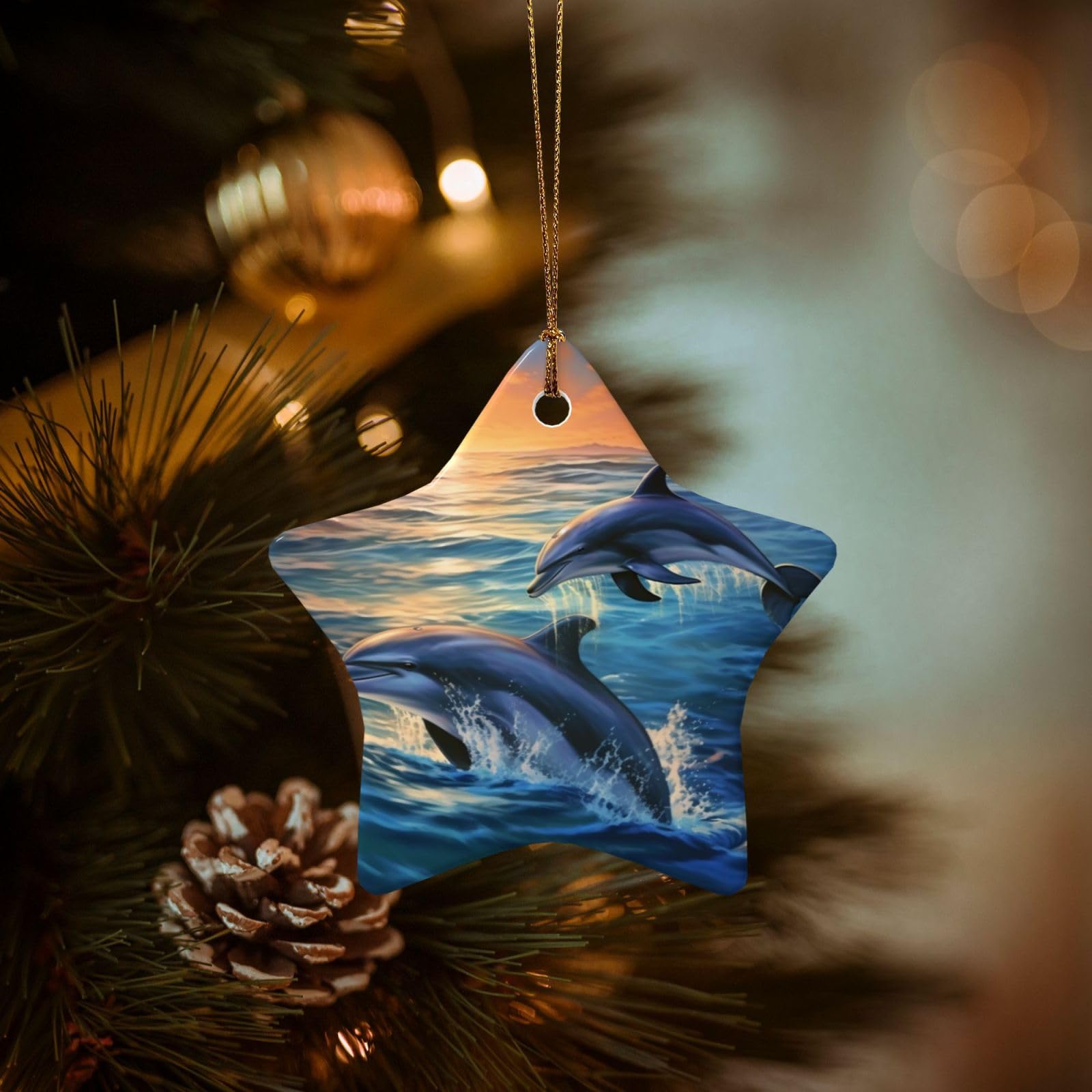 Christmas Ornaments for Christmas Tree Decoration Hanging Dolphins in The sea Ornament with Gold Ribbon Crafts Star Shape Ceramic Pendant for Keepsake Gifts Xmas Decor Party Supplies