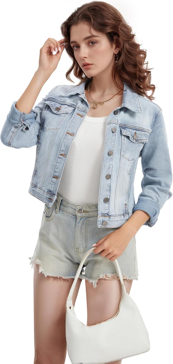 andy & natalie Women's Jean Jacket Stretch Cropped Button Down Denim Jackets Fitted Classic Jacket with Pockets - Image 2