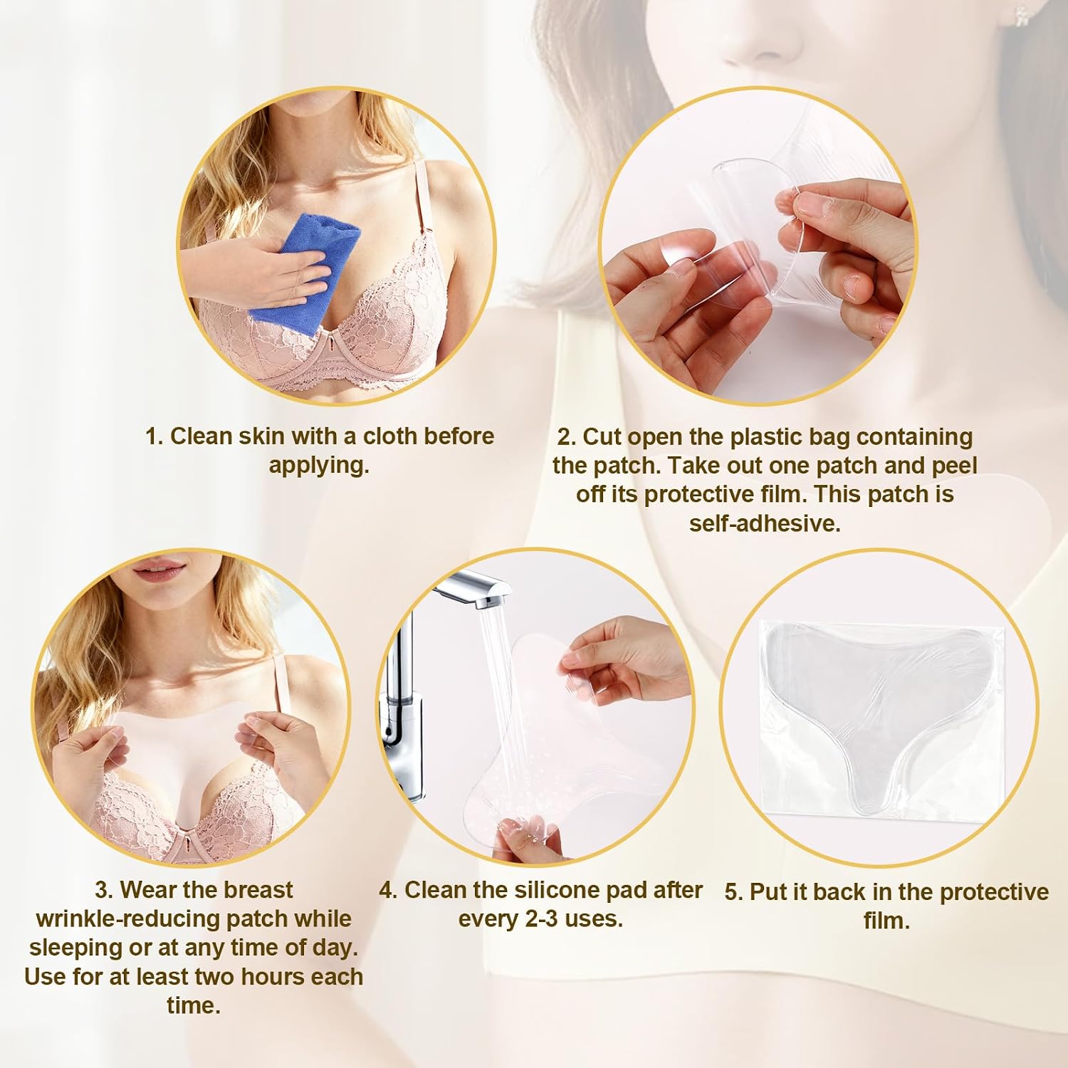 4pcs Chest Wrinkle Pads, Silicone Reusable Decollete & Cleavage Anti Wrinkle Patches From Side Sleeping for Overnight Use Gentle Skincare Silicone Patches for Women