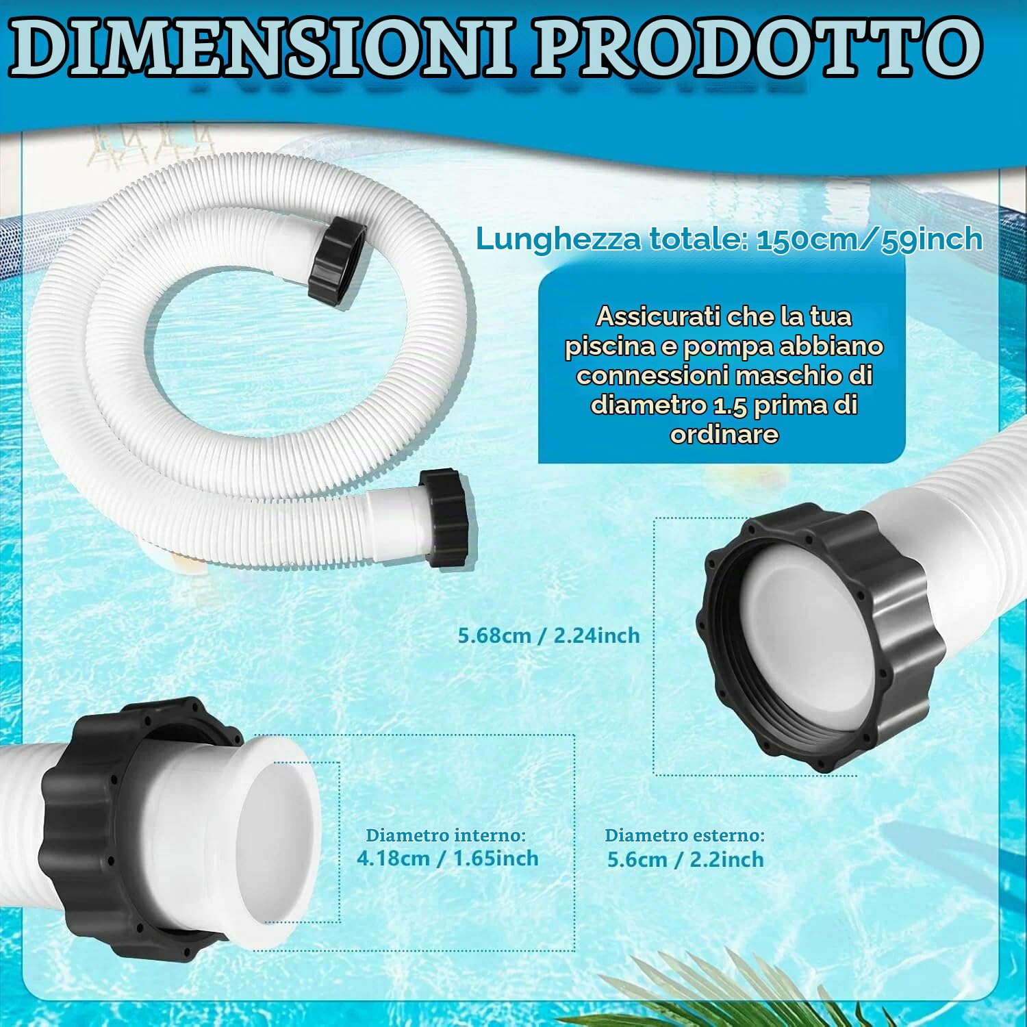 Tubo Flessibile per Piscina, Tubo di Ricambio per Pompa per Piscina in PE da 1,5 Pollici di Diametro per Piscine Fuori Terra Bianco (1,5 m)