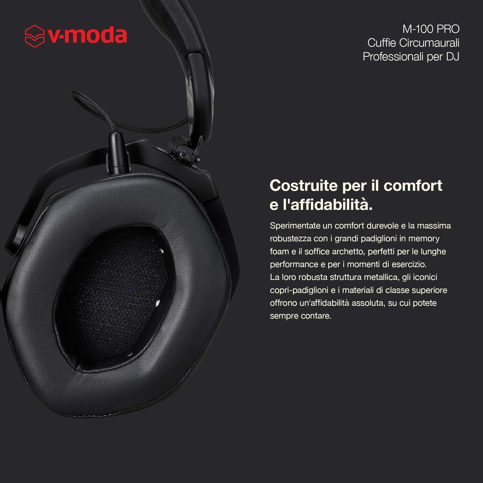 V-Moda M-100 PRO | Cuffie circumaurali professionali per DJ | Nate per i DJ pro e la musica dance | Superiore isolamento dal rumore | Ascolto con un solo orecchio | Comfort per lunghe sessioni