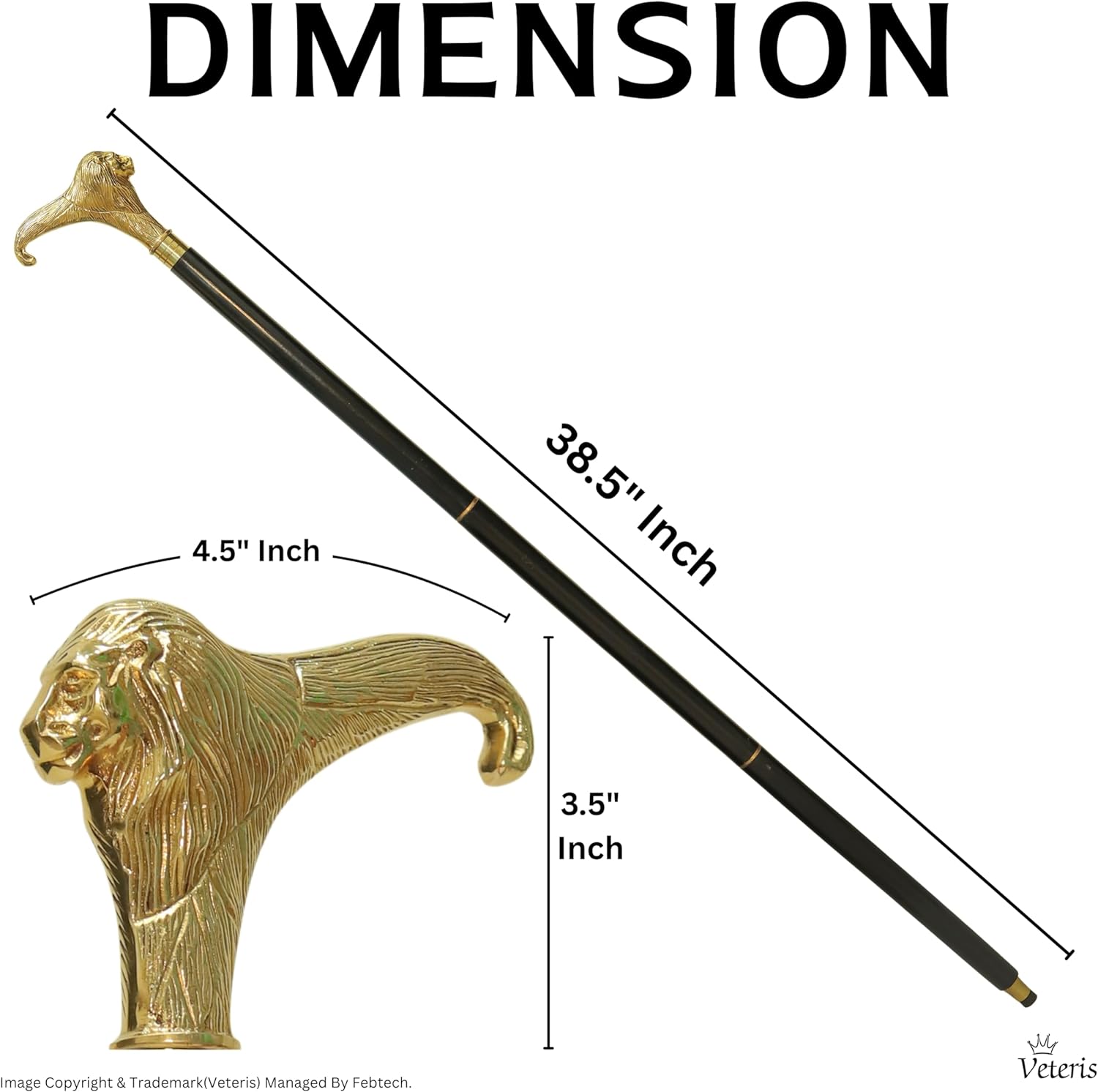 Walking Cane with Brass Lion Handle 38.5 Inch Decorative Wooden Cane for Men Stylish & Sturdy Walking Stick for Gifting