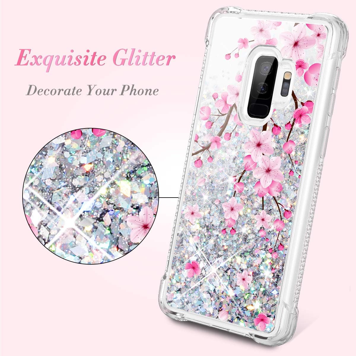 Caka Galaxy S9 Plus Case, Galaxy S9 Plus Glitter Case Bling Luxury Fashion Flower Cherry Blossom Flowing Liquid Floating Quicksand Sparkle Glitter Soft TPU Case for Samsung Galaxy S9 Plus (Cherry)