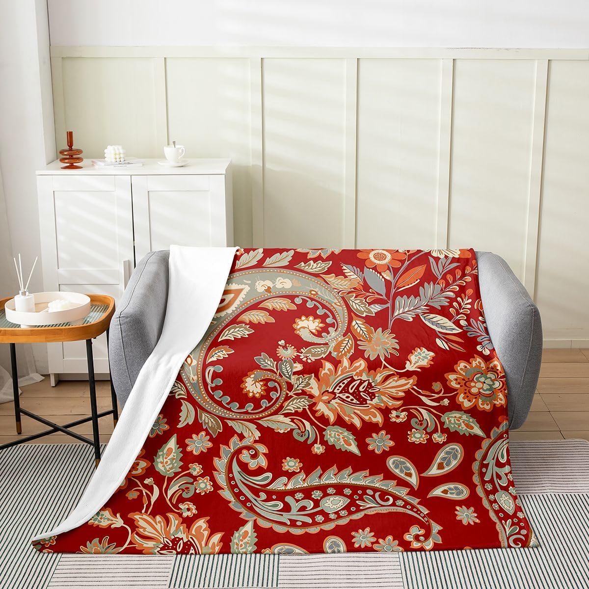 Feelyou Paisley Fuzzy BlanketKids Bohemian Exotic Style Flannel Fleece Throw Blanket Boho Paisley Print All Season Bed Blanket for Sofa Couch Room Indian Style Red Yellow Plush Blanket Queen 90"x90"