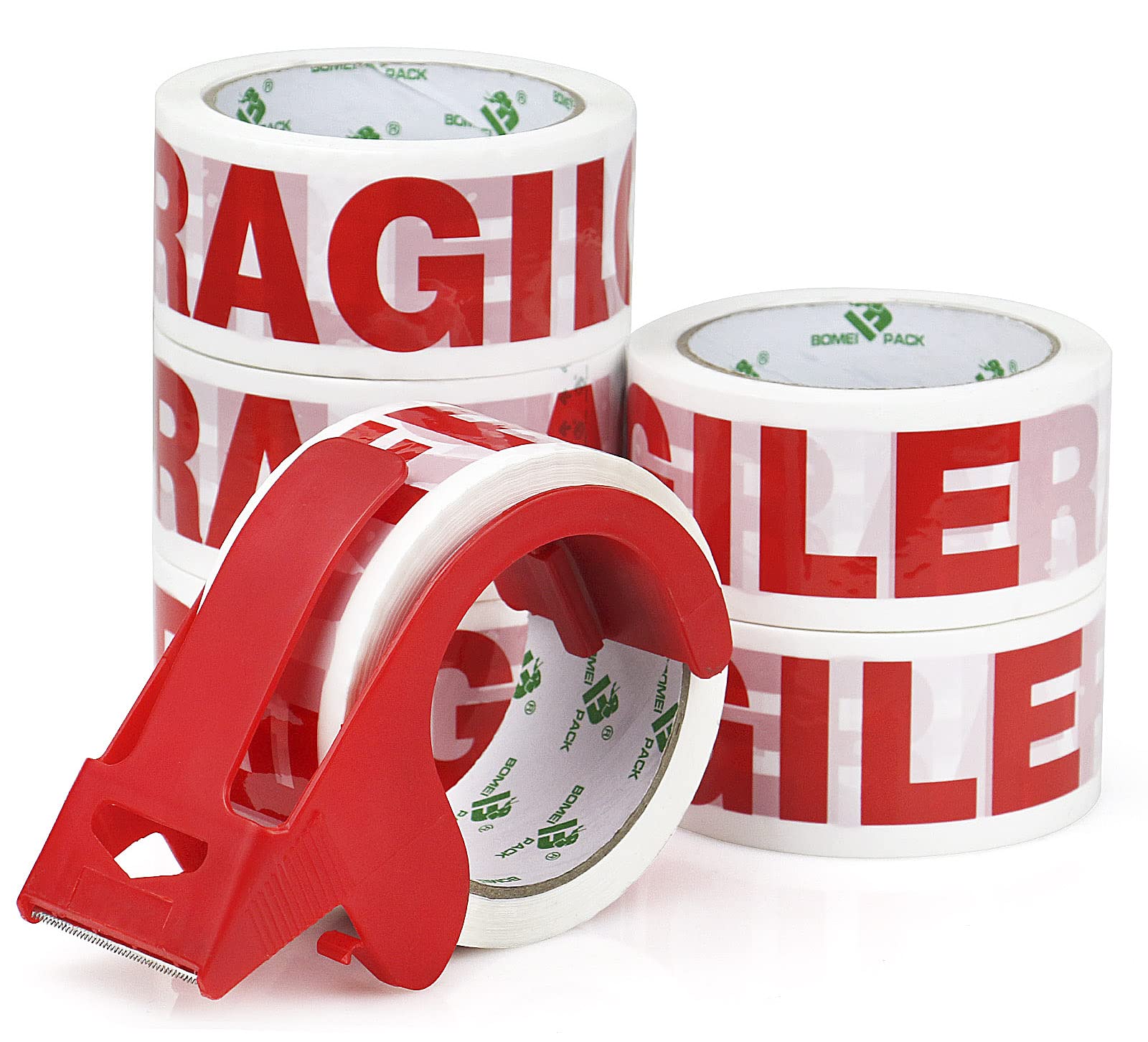 BOMEI PACK Nastro adesivo da imballaggio stampato fragile, nastro adesivo da imballaggio con dispenser per pacchi 48 mm x 66 m, 18 rotoli