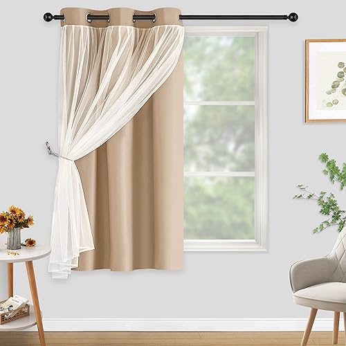 Kinryb Cortinas opacas de doble capa con bloqueo de luz, cortinas de gasa triturada superpuestas con ojales, paneles de ventana para habitación de