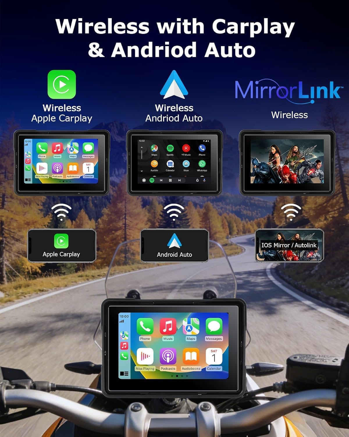 5 Inch Motorcycle Carplay with TPMS GPS Navigation System with Apple Carplay and Android Auto Portable Screen with Dual Bluetooth, Navigation, Siri, Google Assistant Included TPMS