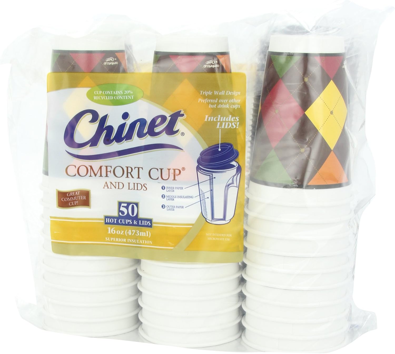 Chinet Comfort Cup 16-Ounce Cups, 50-Count Cups & Lids (Assorted Colors)