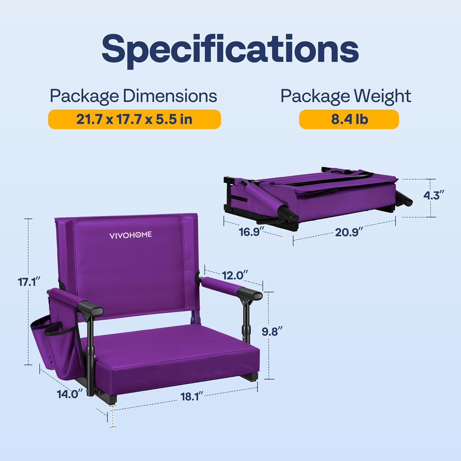 VIVOHOME Stadium Seat with Back Support and Cushion, Portable Bleacher Chair with Cup Holder and Shoulder Strap, Comfortable for Various Sports Events Purple