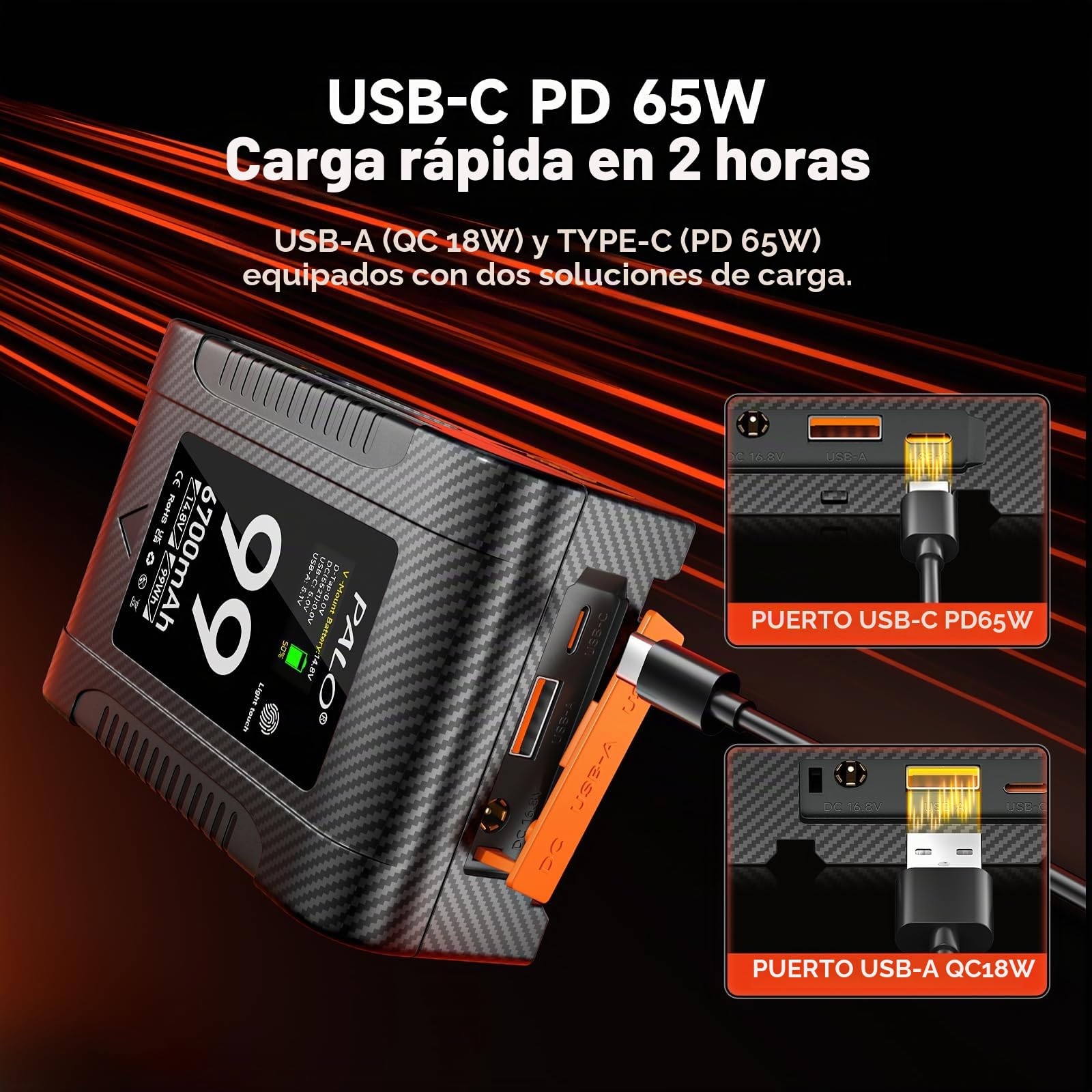Batería V-Mount 99Wh 6700mA 14.8V, PD65W USB-C Battery V-Mount Carga rápida con Pantalla OLED, USB-C/BP/Dual D-Tap (Entrada/Salida), Salida DC/USB-A (PD65W) para cámara videocámara