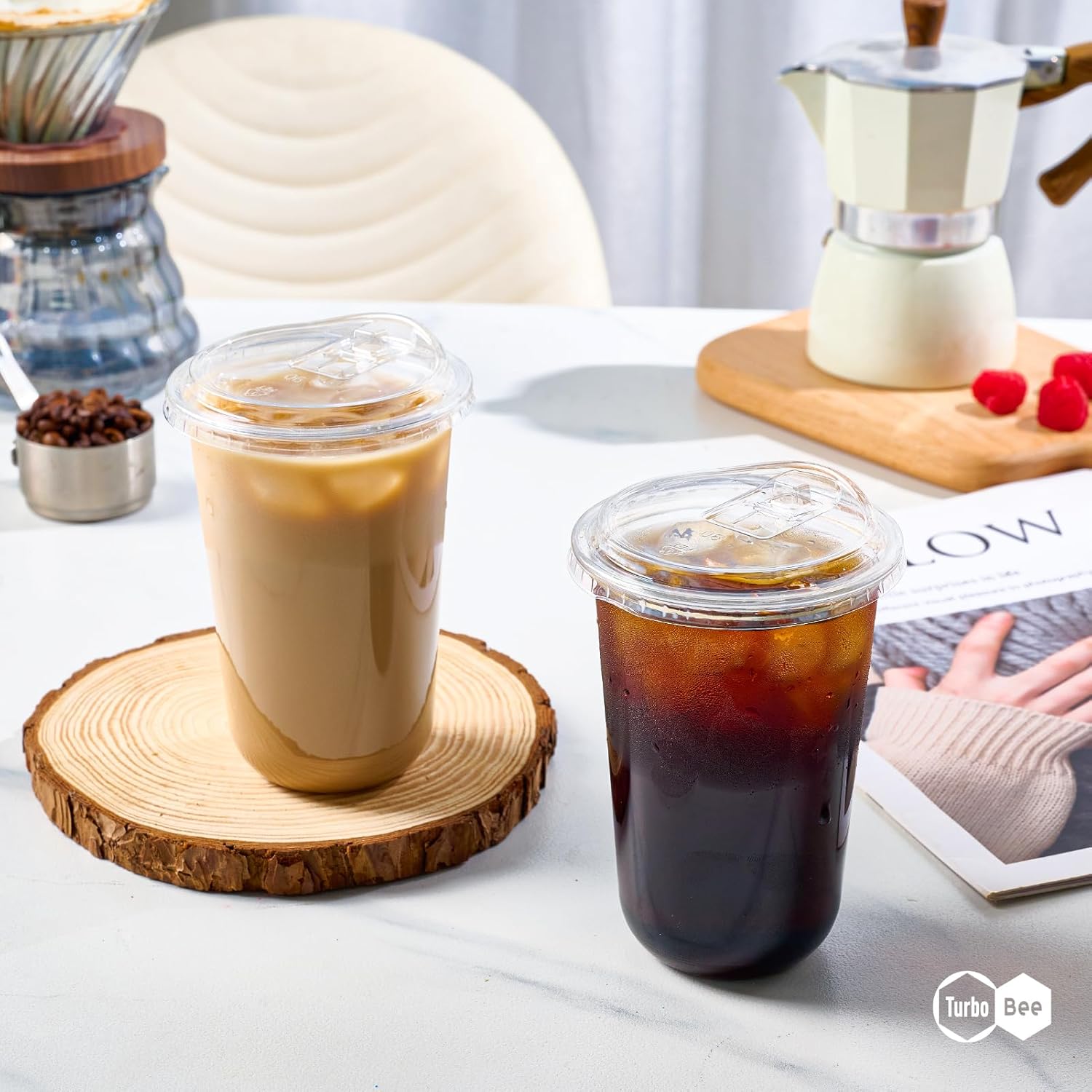 Turbo Bee 100 Pack - 16 oz Round Bottom Clear Plastic Cups with Strawless Sip - Lids, Disposable To Go Coffee Cups with Sippy Lids for Iced Coffee, Cold Drinks and Beverages