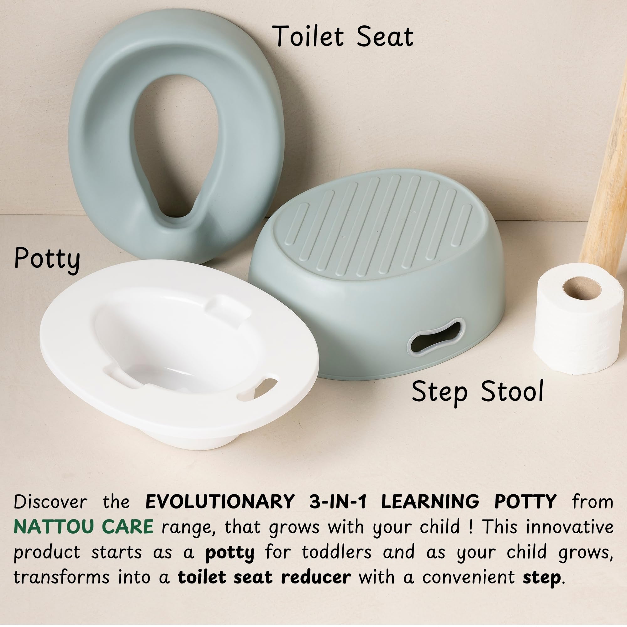 Nattou Pot 3en1 pour bébé, Pot + Tabouret + Siège de toilette pour enfants, Apprentissage facile de la propreté, Env. 34 cm, De 18 mois à 4 ans env., Care, ABS/EVA, Bleu