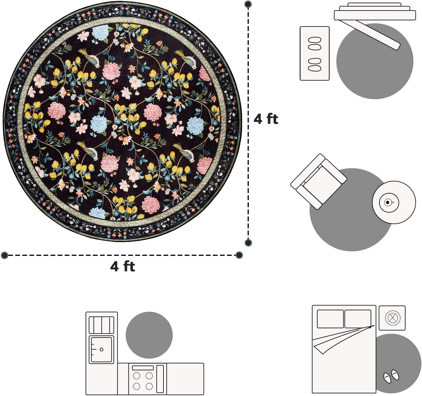 jinchan Floral Round Rug 4ft, Soft Non Slip Small Rugs Washable, Indoor Circel Bathroom Low Pile Chinoiserie Throw Carpet for Entryway, Bedroom Door Mat Kitchen Decor, Black