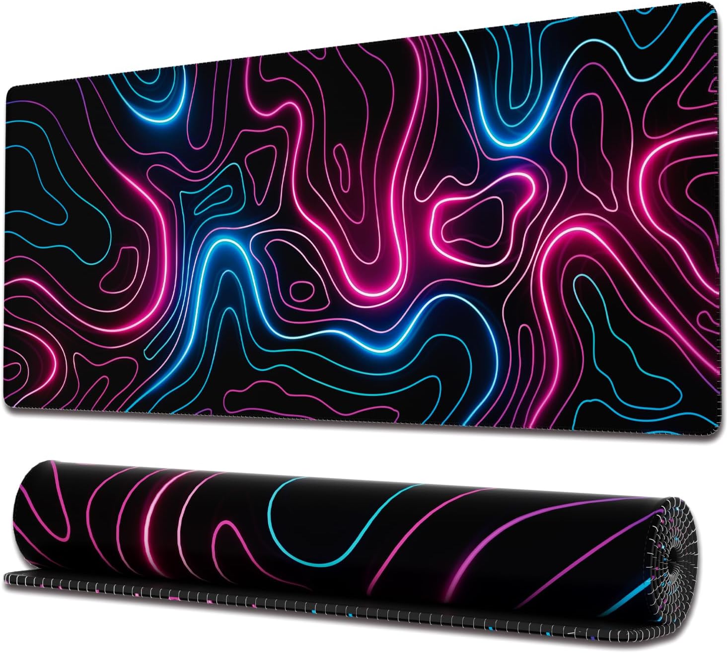 Gaming Mouse Pad with Stitched Edges, Topographic Map Pink Mouse Pad, Extended XL Mousepad with Anti-Slip Base, Cool Neon Large Mouse Pad for Desk, 31.5 x 11.8 in, Pink and Blue