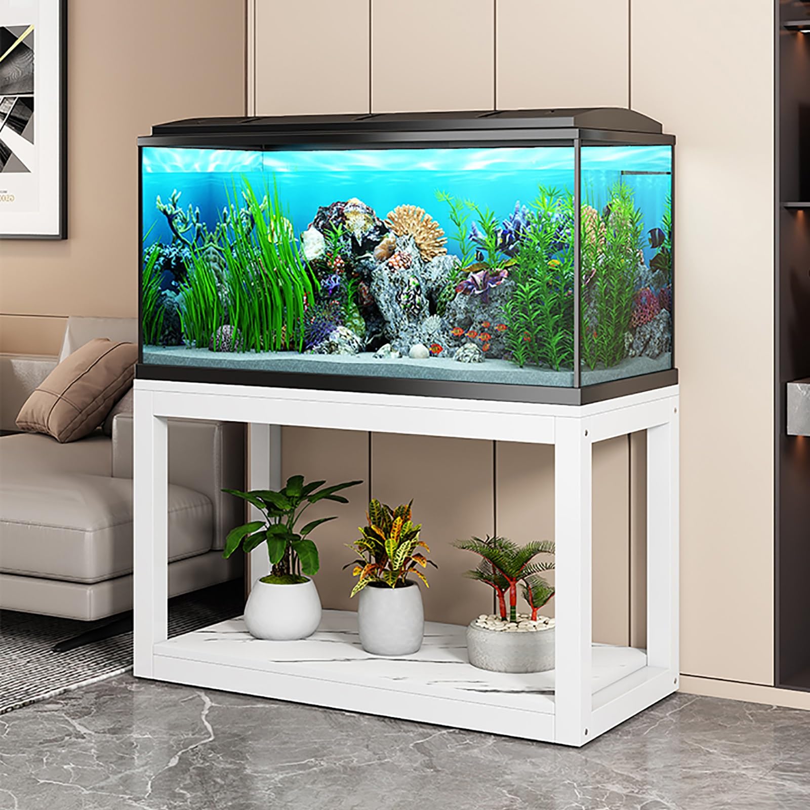 Étagère pour aquarium grand modèle meuble double niveau salon blanc