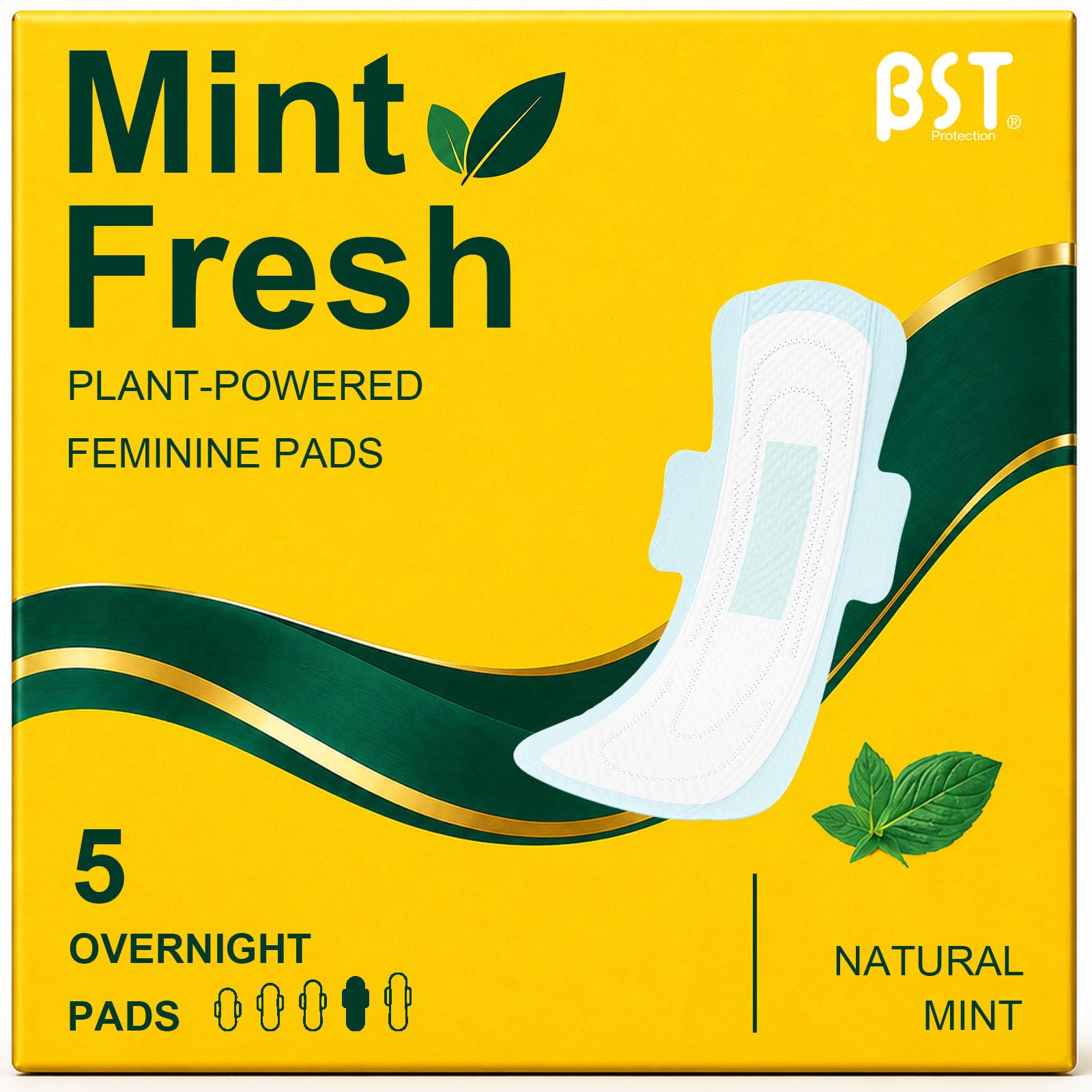 BST Natural Mint Fresh Ultra-Thin Period Pads with Wings, Overnight, 5 ct