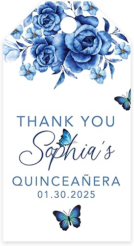 Andaz Press Paquete de 40 etiquetas personalizadas para quinceañera con cuerda, mariposas azules etiquetas de agradecimiento personalizadas y
