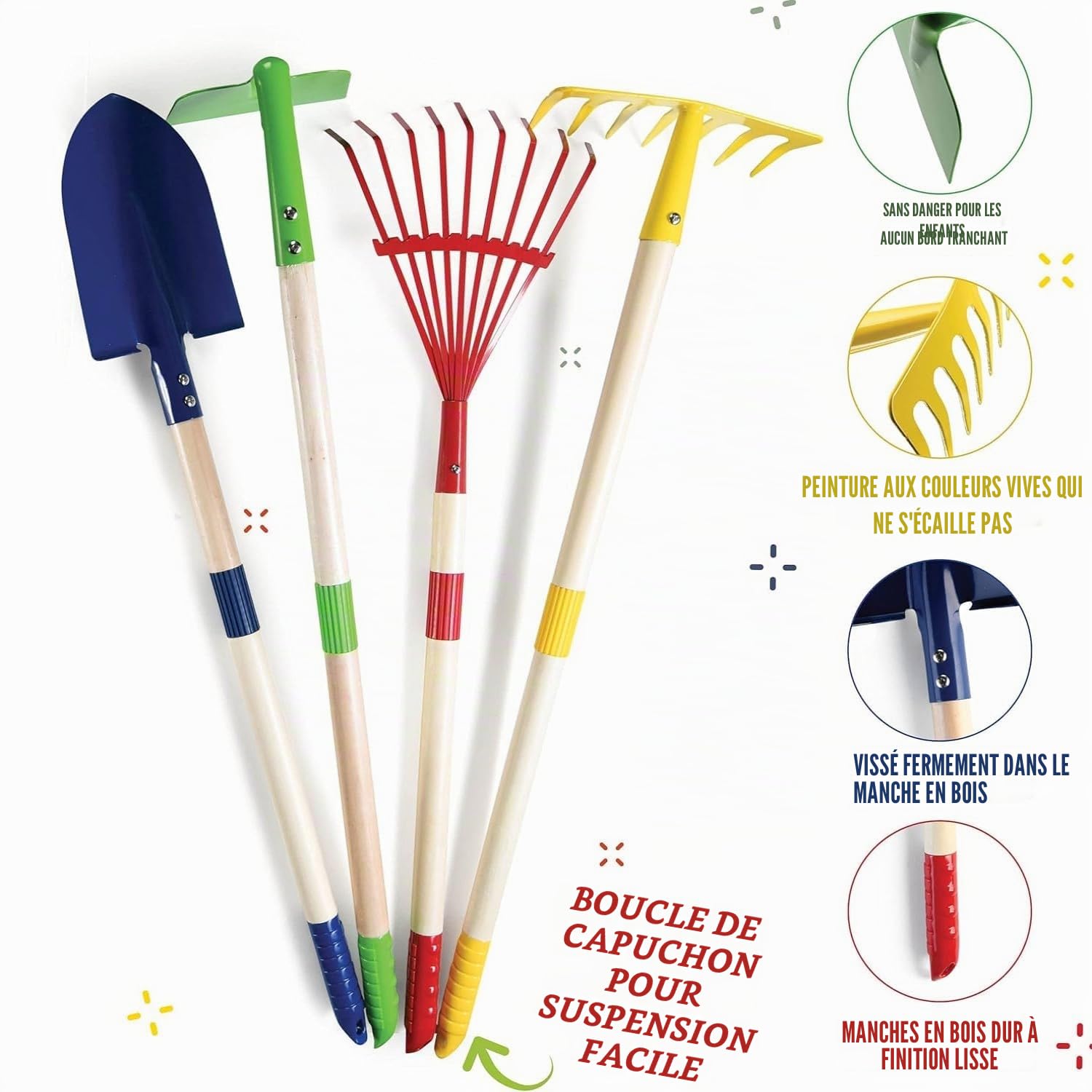 LATERN 6 Pièces D'outils de Jardinage pour Enfants, 71CM Métal Grande Pelle Râteau Houoche Feuilles Râteau avec Bois Manche, Arrosoir, Gants - pour Enfants Extérieur Jardin Cour Pelouse Creuser Jouer