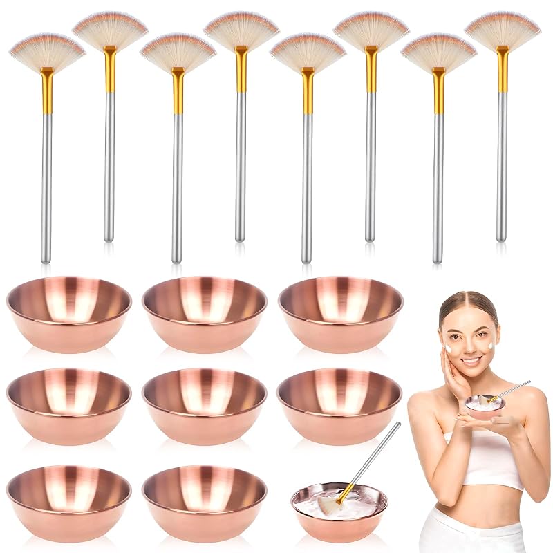 Kit de ferramentas faciais DLUGOPIS Rose Gold com 8 tigelas de aço inoxidável e 8 pincéis leque, 16 peças