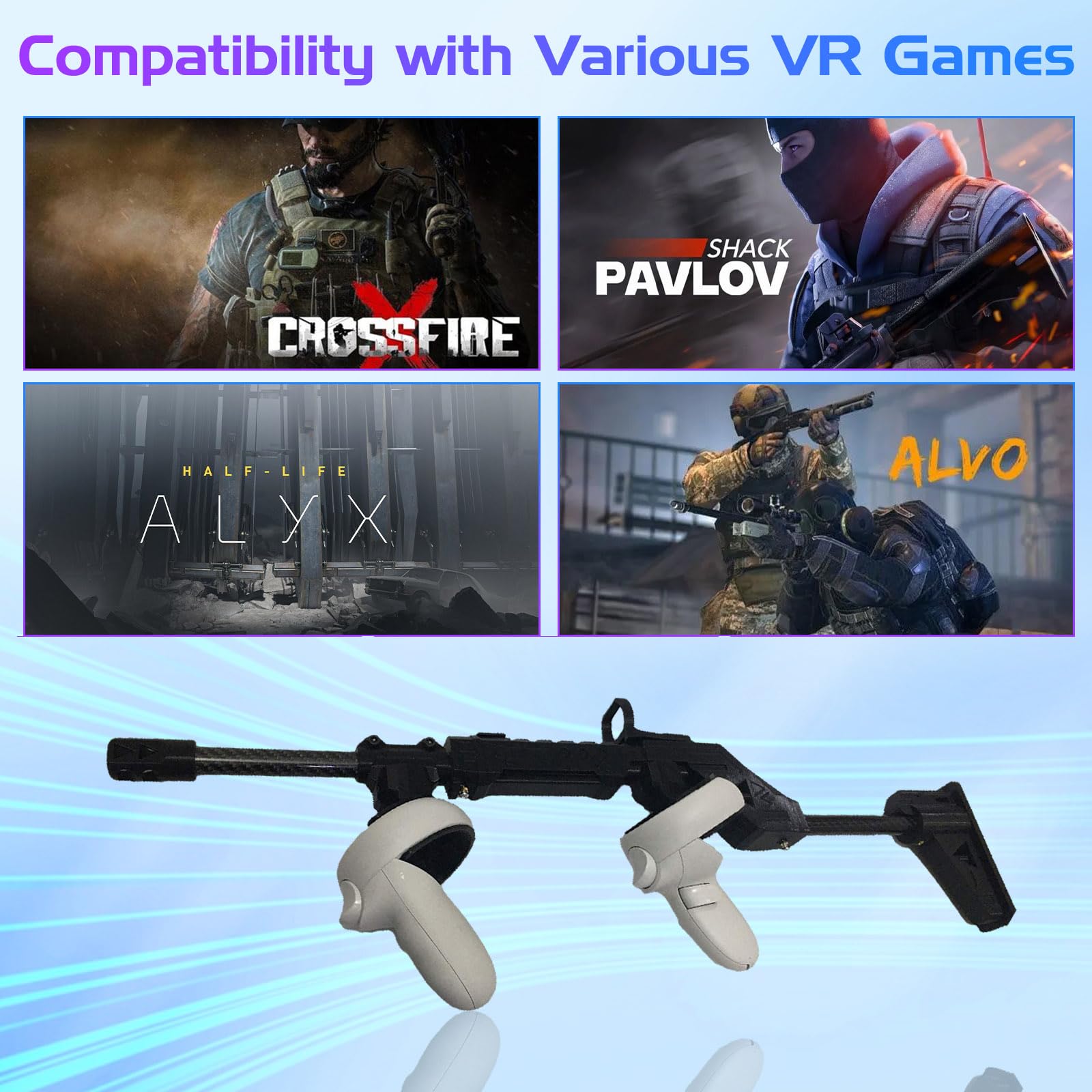 Calcio per pistola VR per MetaQuest 2, VR Gunstock per Quest 2 Shooting Controller Handle, Oculu-s Quest 2 Accessori Fucile magnetico, con spallacci (per Quest 2)