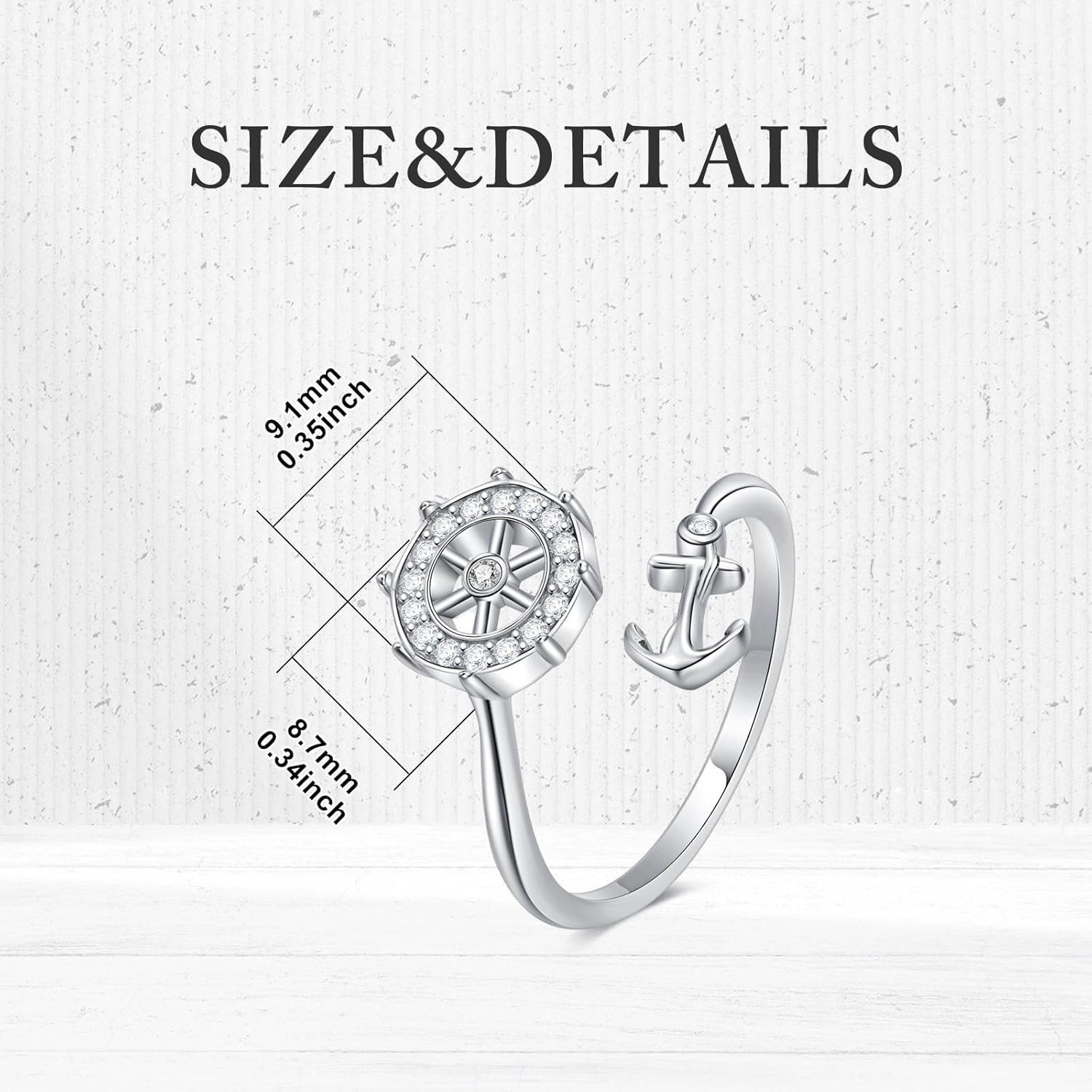 925 Sterling Silver Nautical Anchor Ring for Women Adjustable White Sapphire Open Ring with Blue Gemstone Ring Ocean Sea Minimalist Theme Jewelry - Image 3