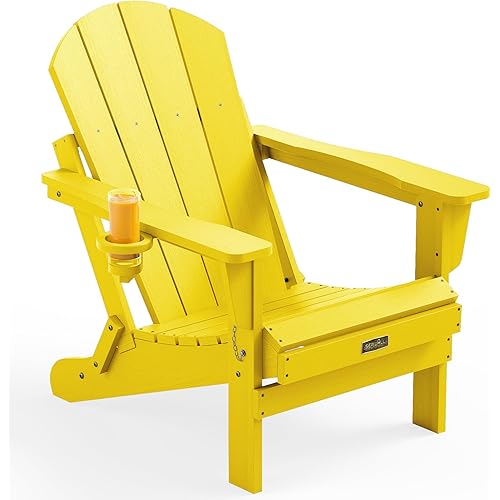 SERWALL Folding Adirondack Chair Outdoor Adirondack Chairs with Cup Holder, Weather Resistant Fire Pit Chairs for Patio - Yellow